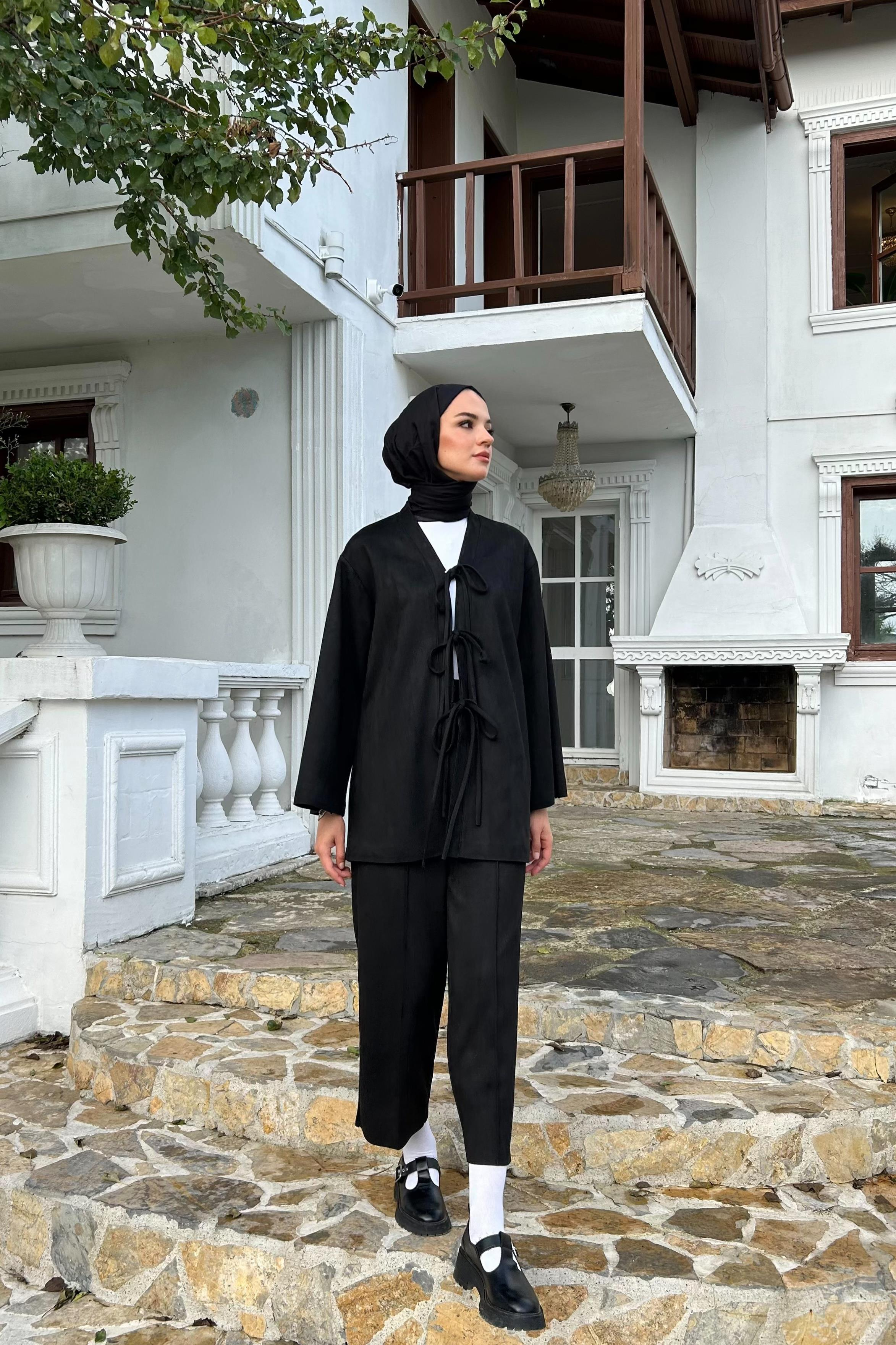 Bağlamalı Süet Takım - SİYAH