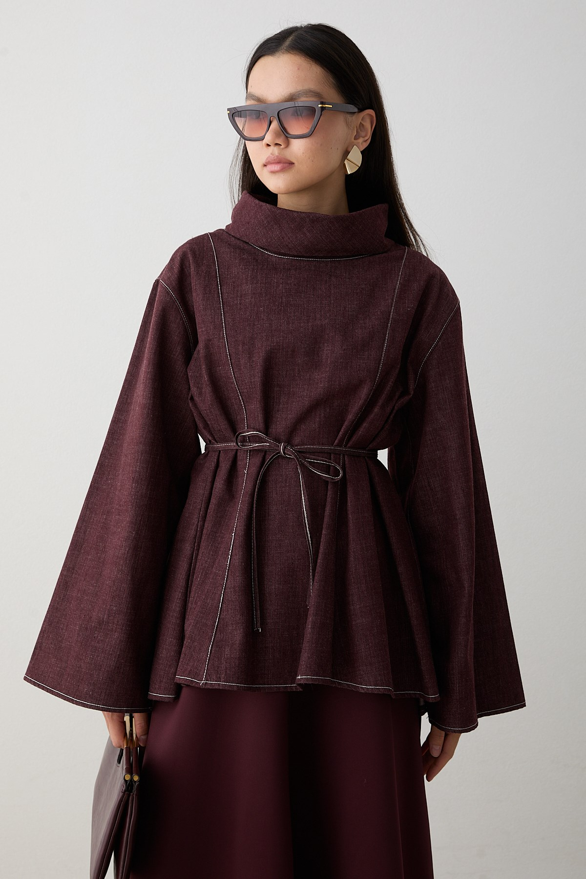 Balıkçı Yaka Denim Gömlek - Bordo