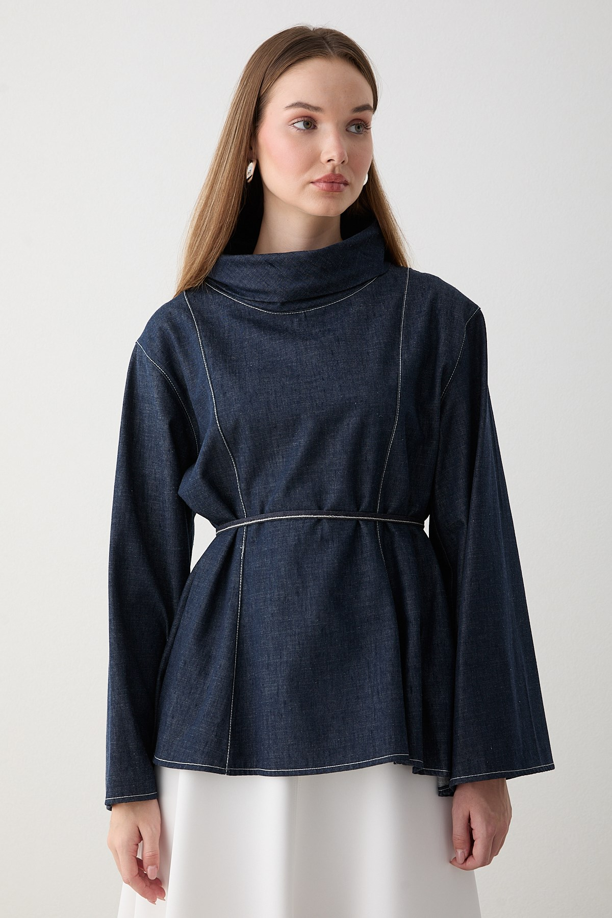 Balıkçı Yaka Denim Gömlek - Lacivert