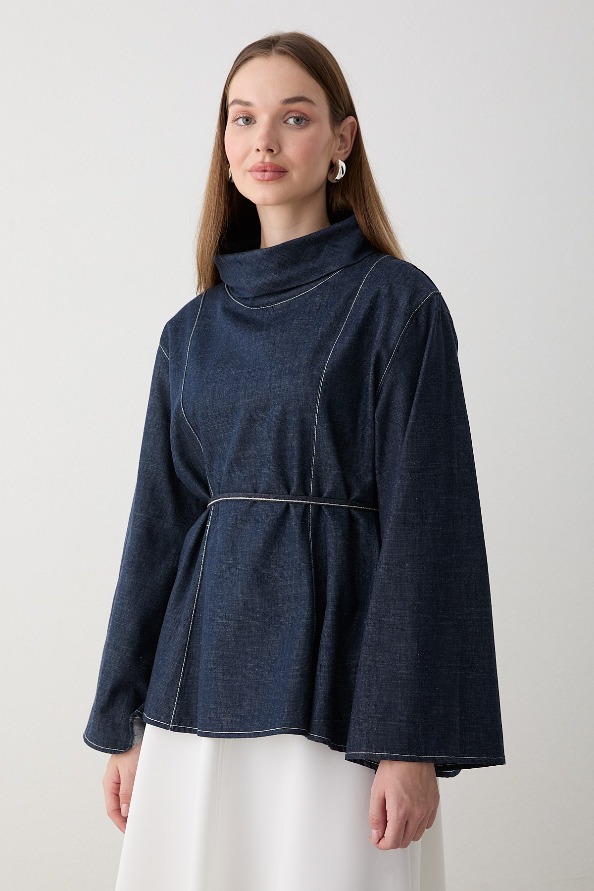 Balıkçı Yaka Denim Gömlek - Lacivert
