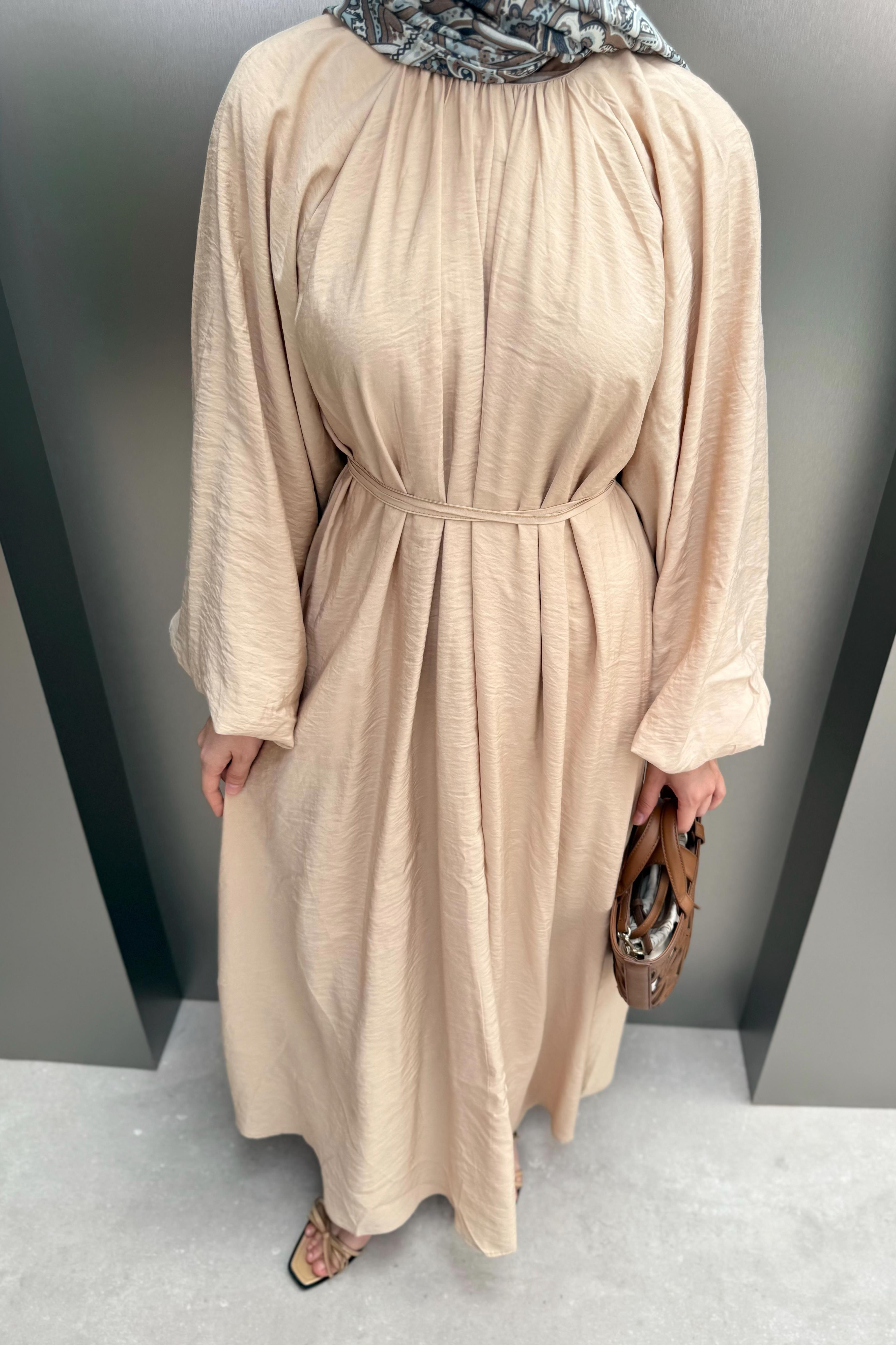 Balon Kol Modal Elbise - Bej