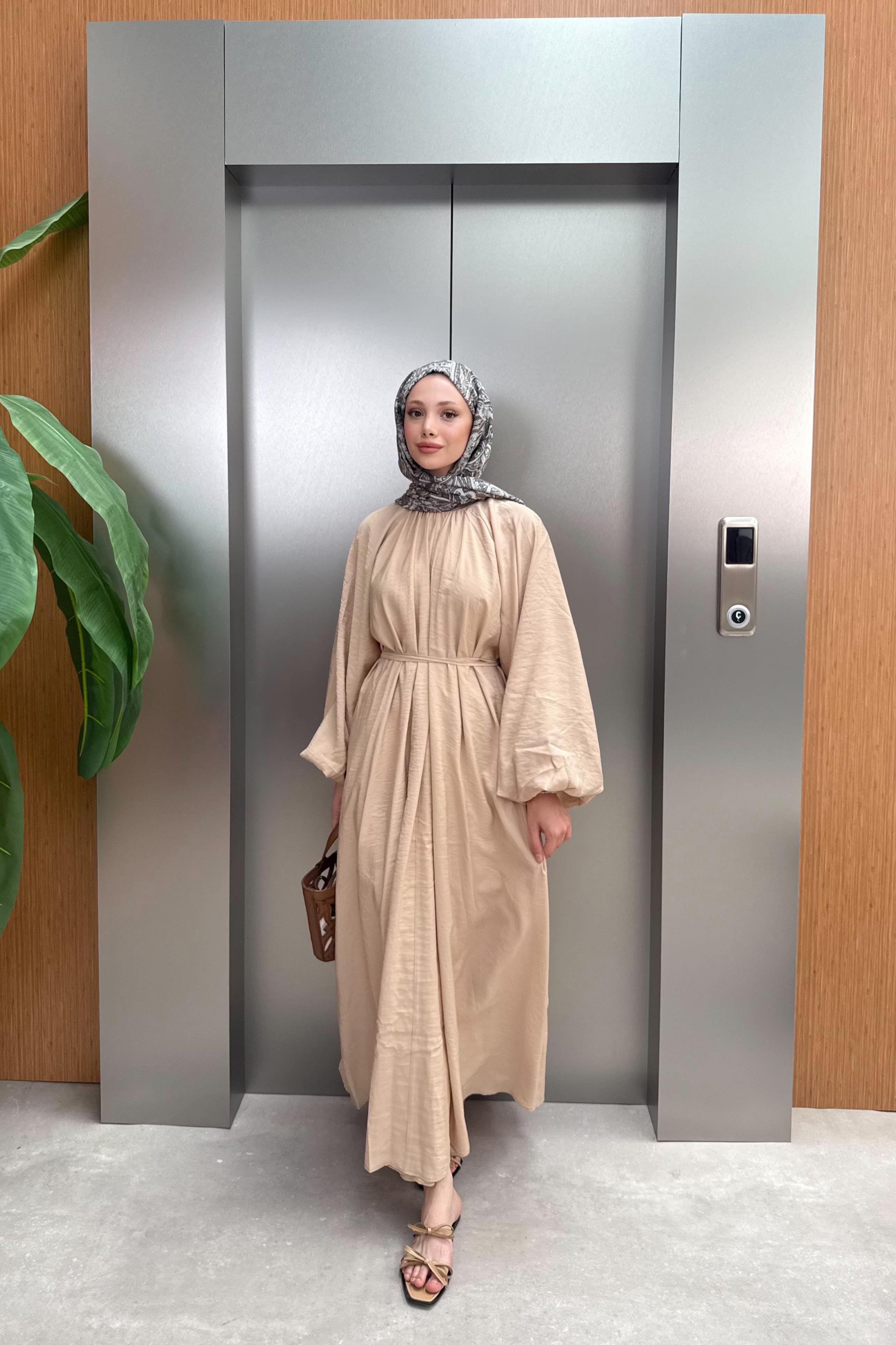 Balon Kol Modal Elbise - Bej