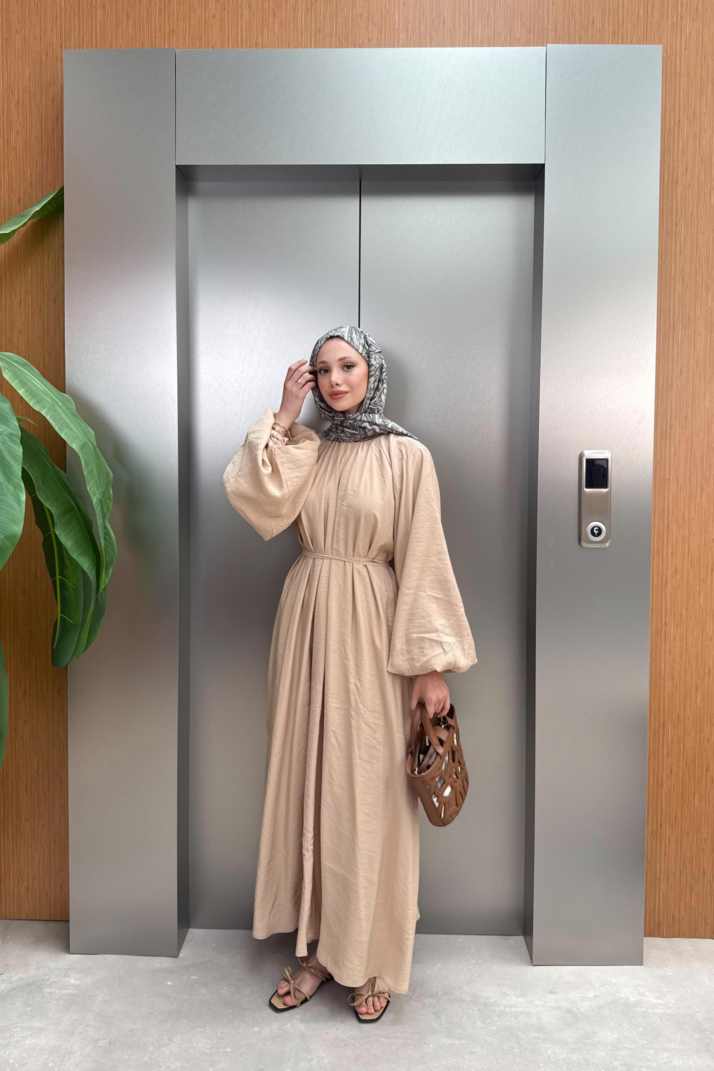 Balon Kol Modal Elbise - Bej