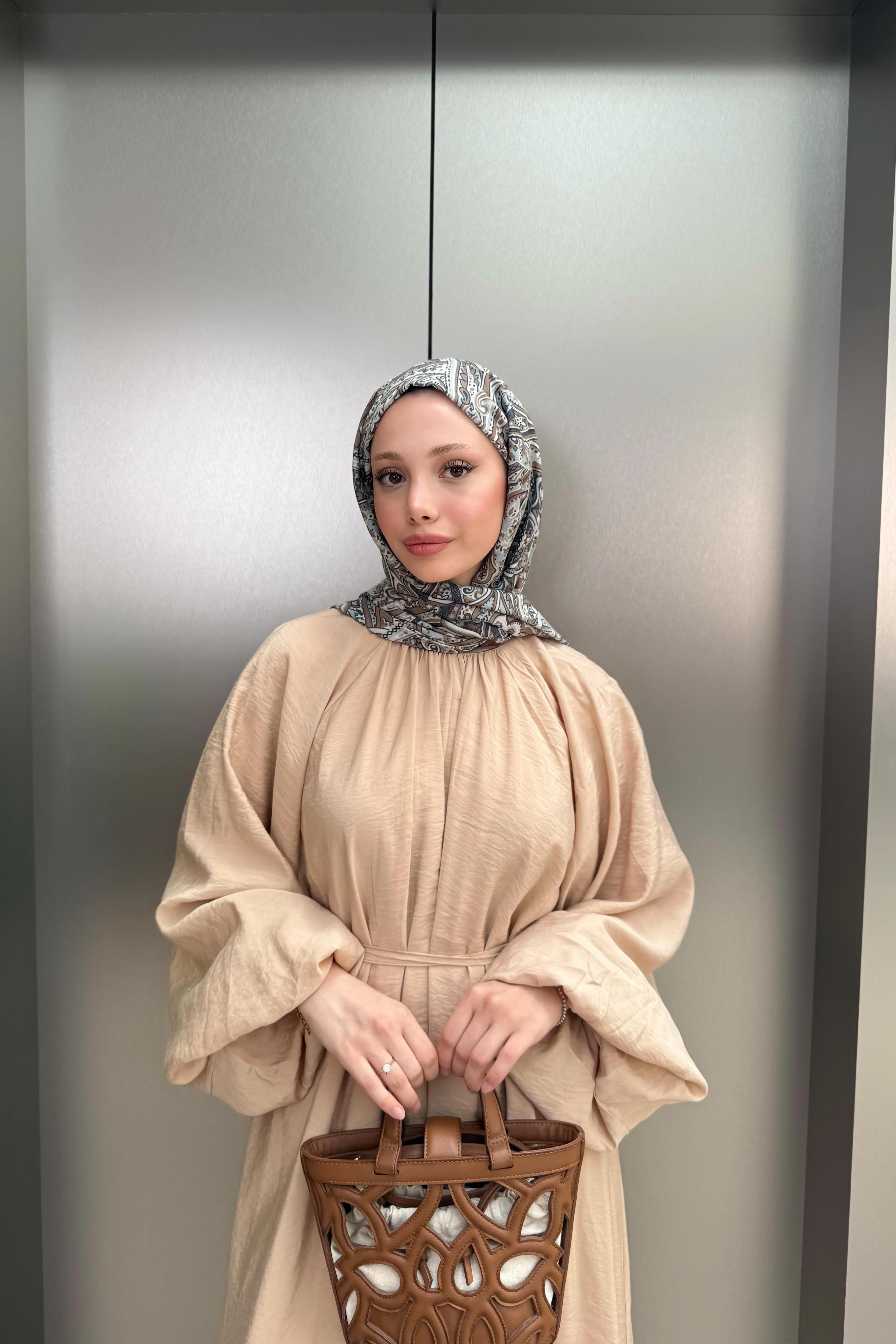 Balon Kol Modal Elbise - Bej