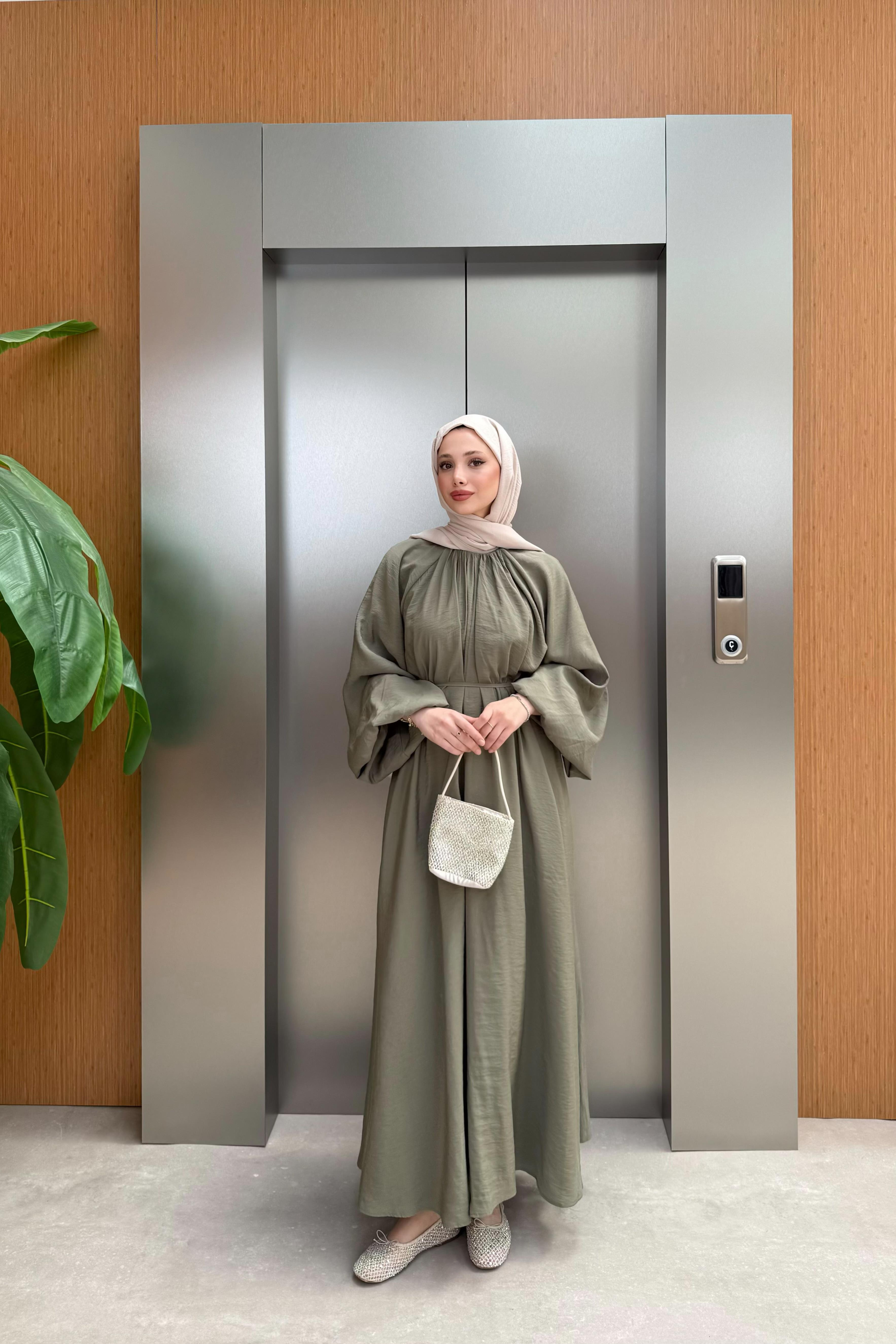 Balon Kol Modal Elbise - Haki