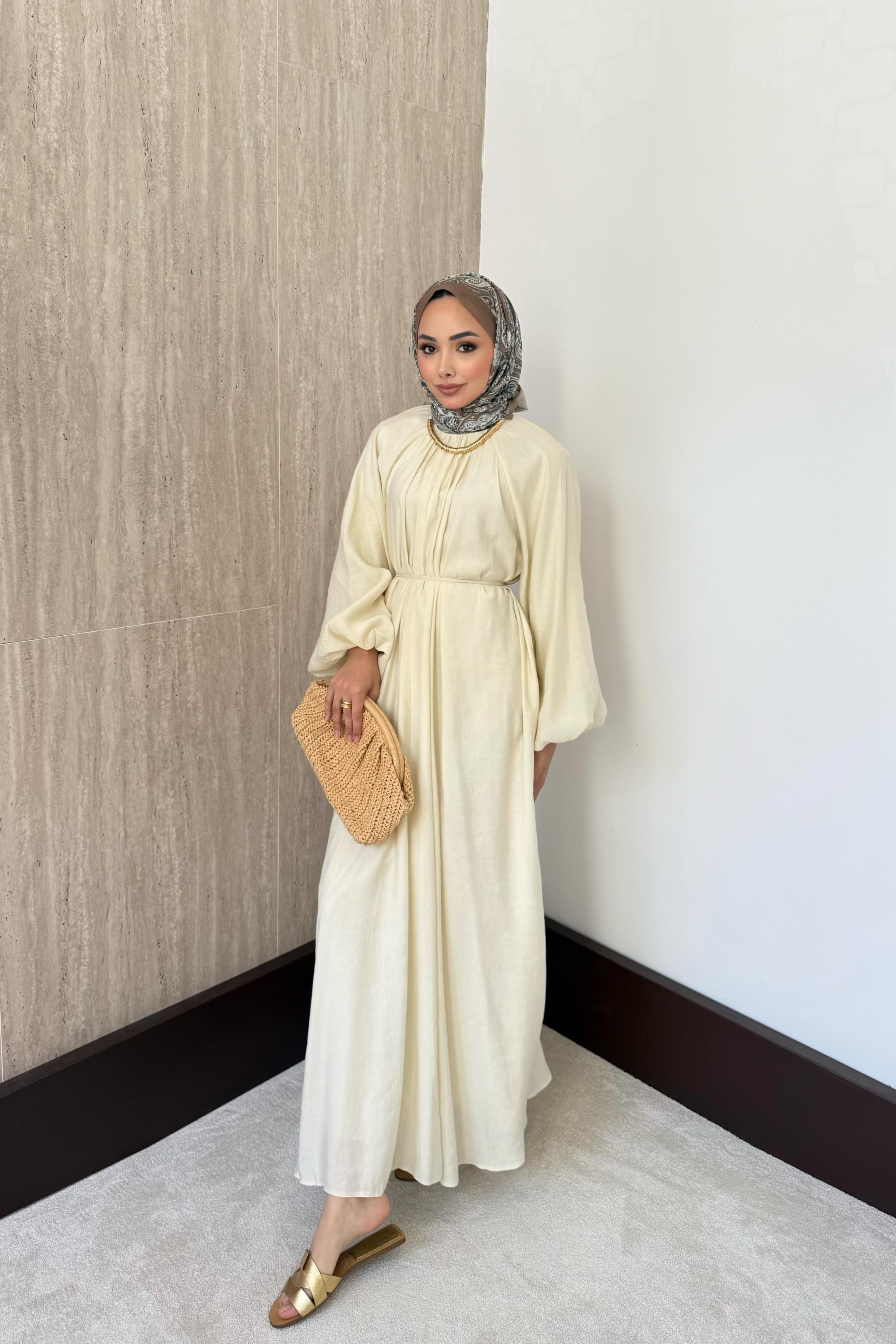 Balon Kol Modal Elbise - Krem