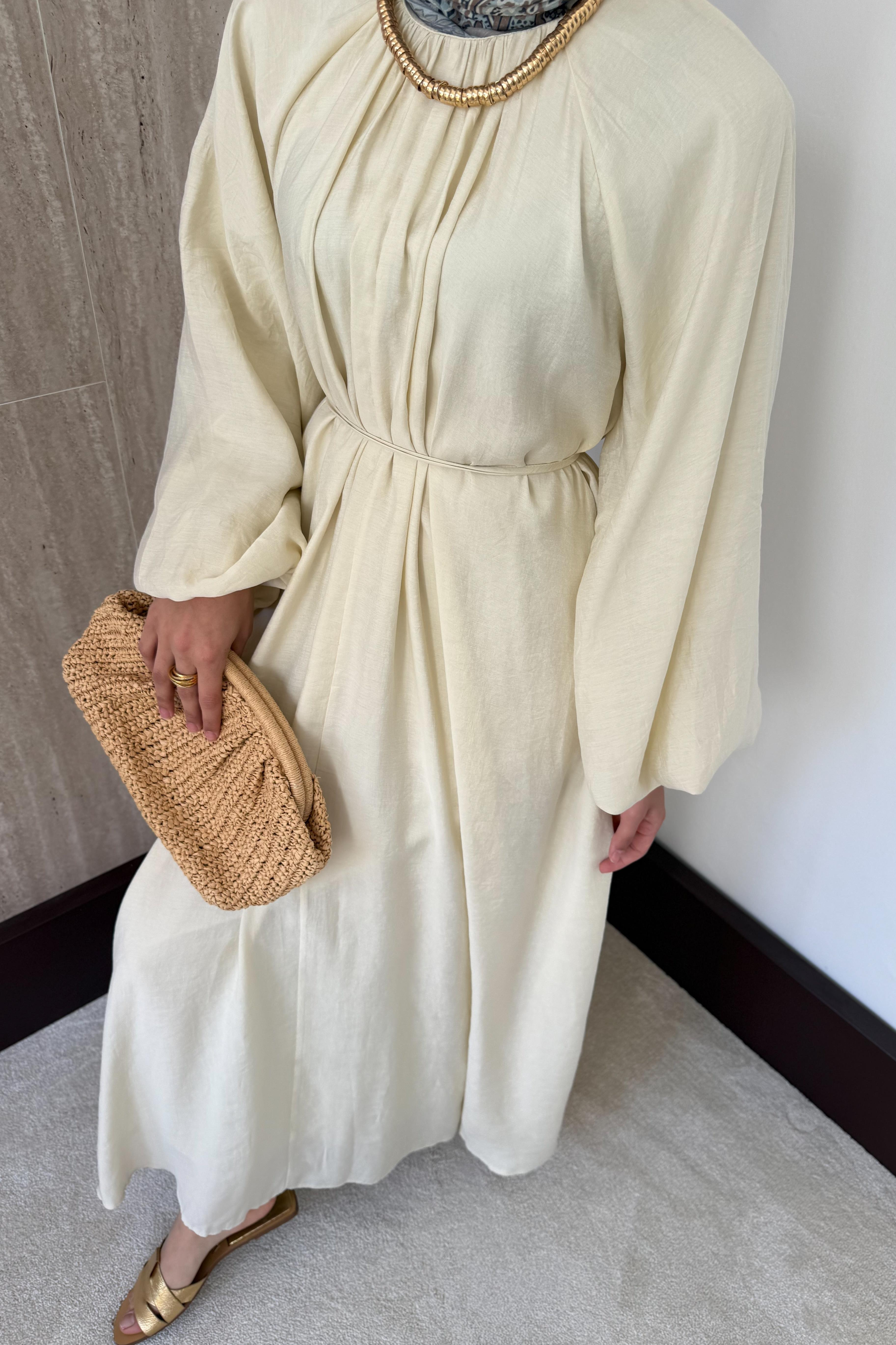 Balon Kol Modal Elbise - Krem