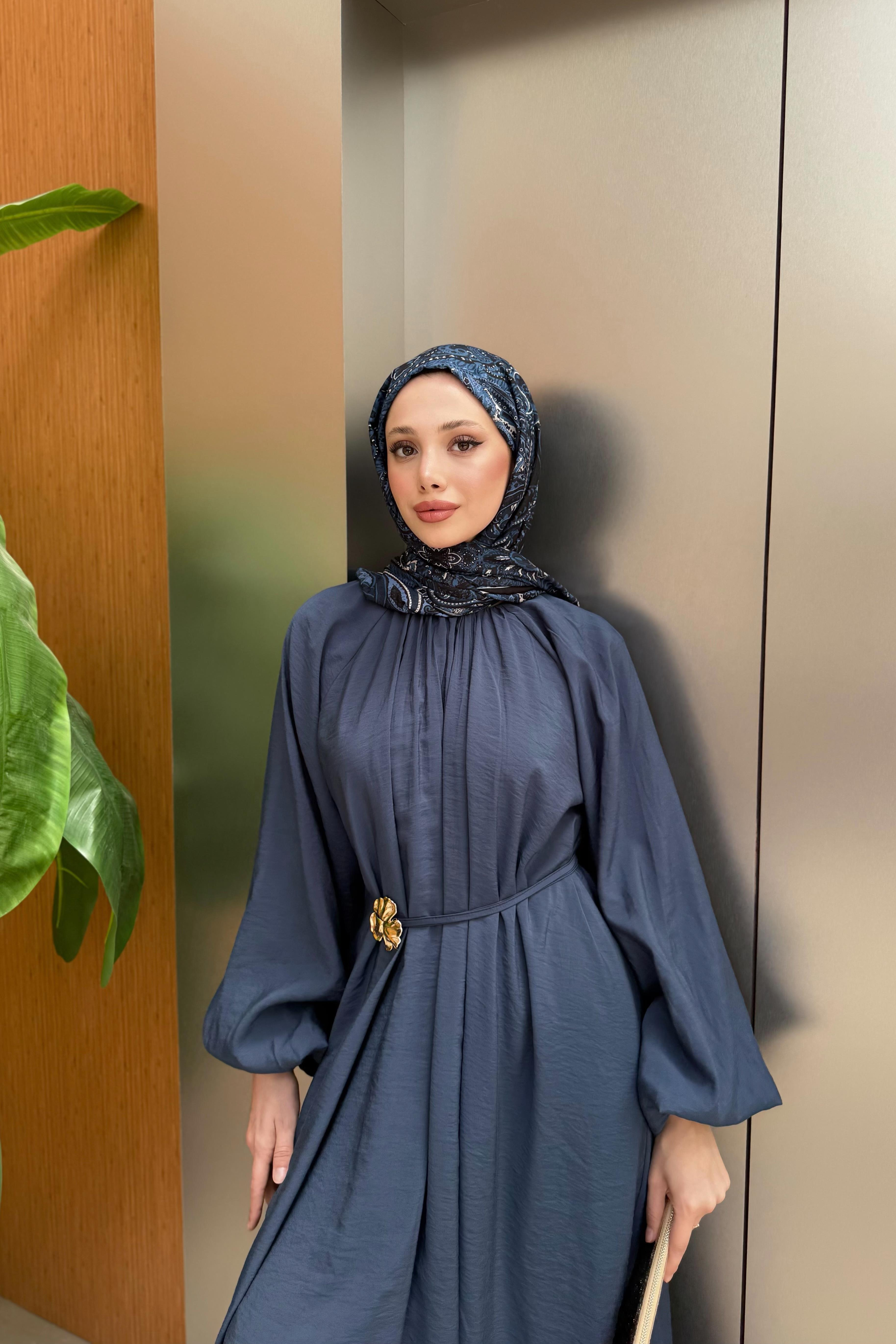 Balon Kol Modal Elbise - Lacivert