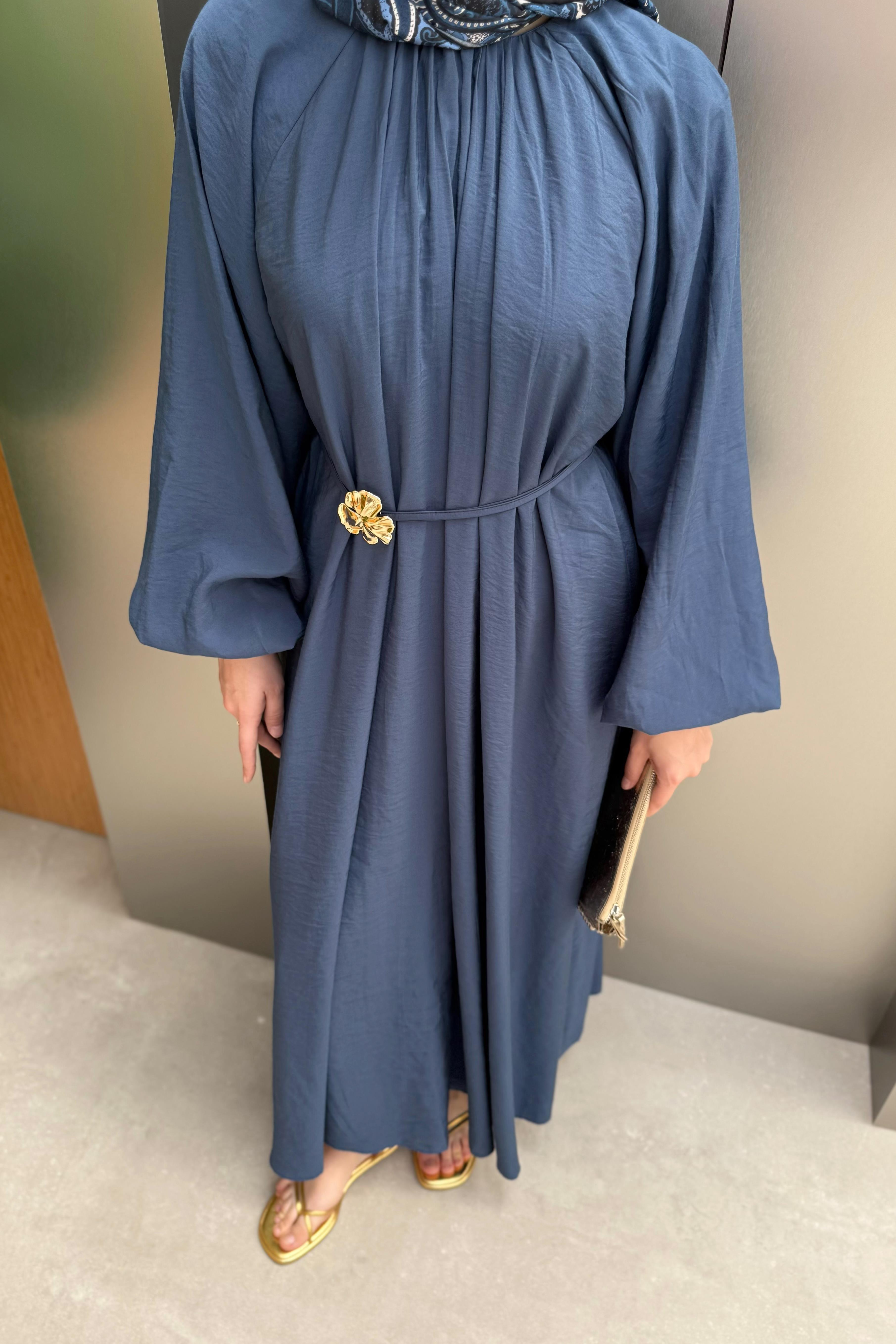 Balon Kol Modal Elbise - Lacivert