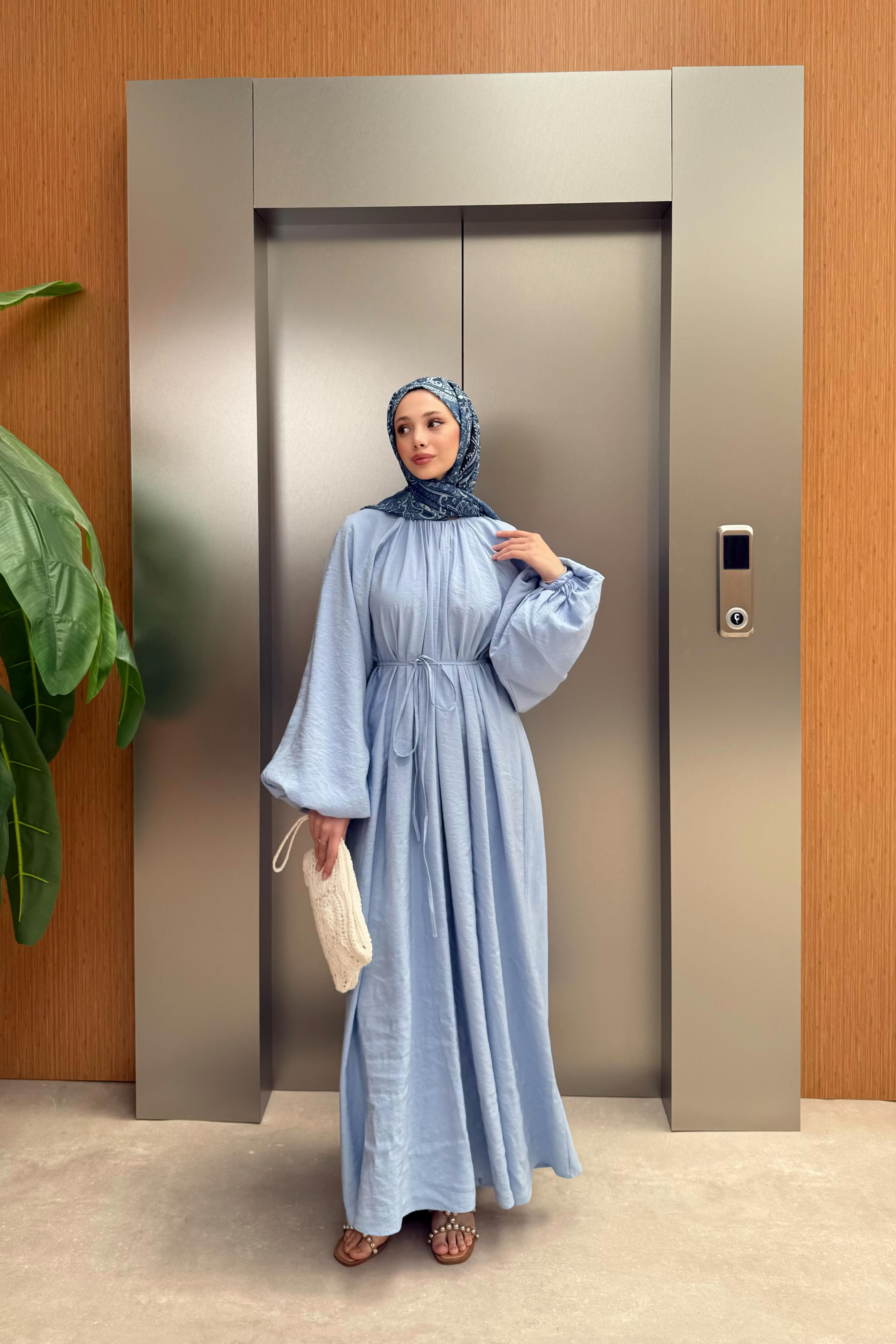 Balon Kol Modal Elbise - Mavi