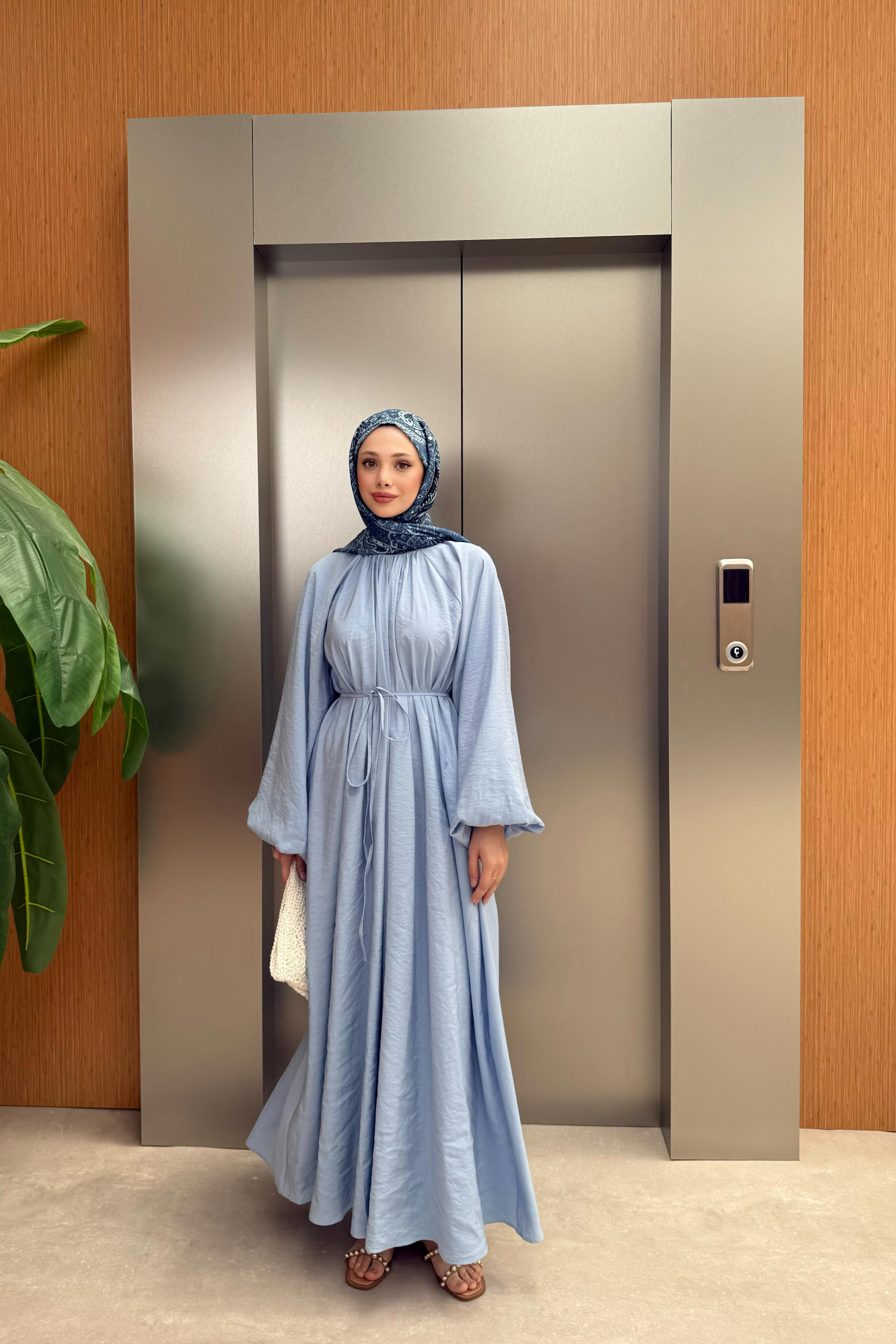 Balon Kol Modal Elbise - Mavi