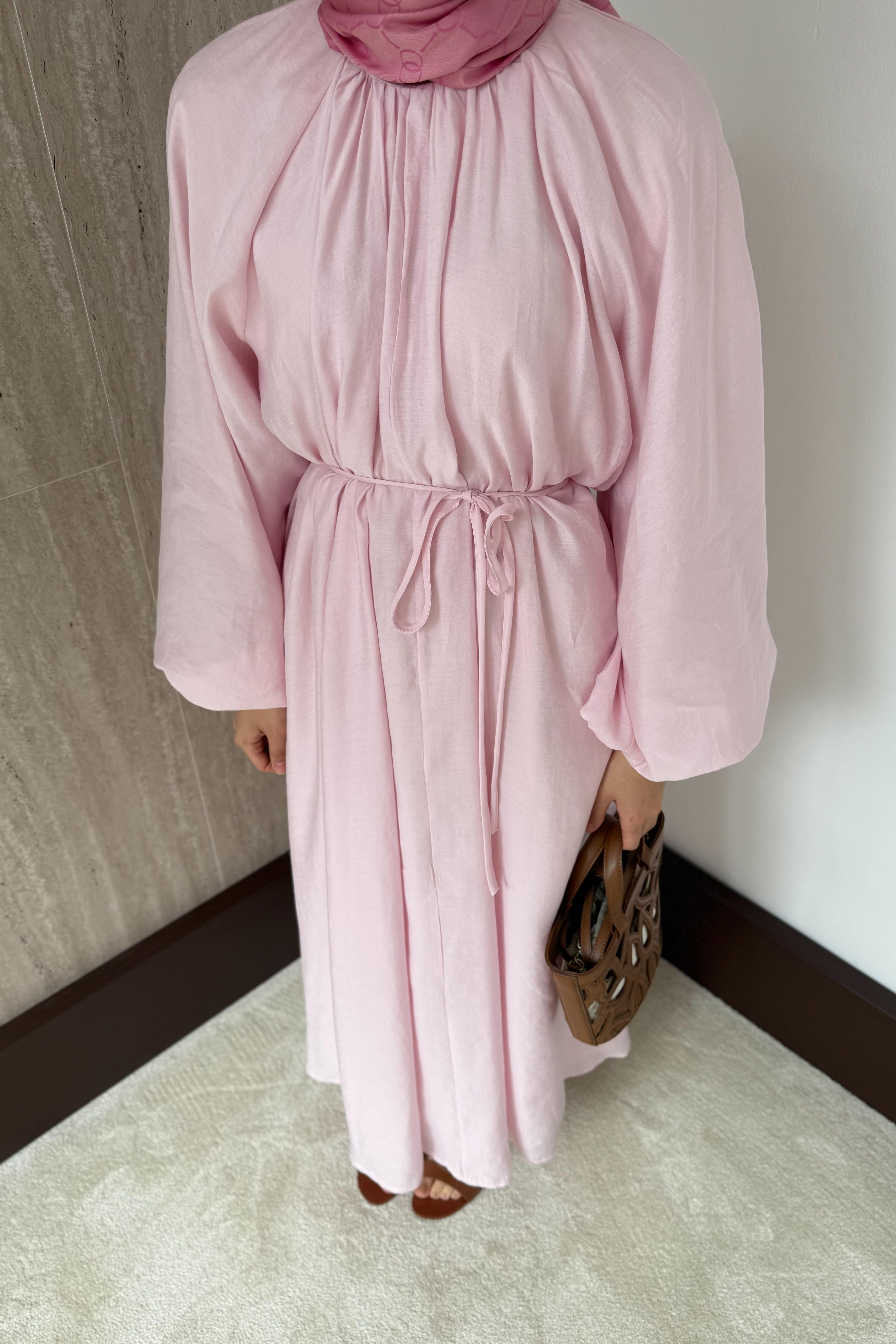 Balon Kol Modal Elbise - Pembe