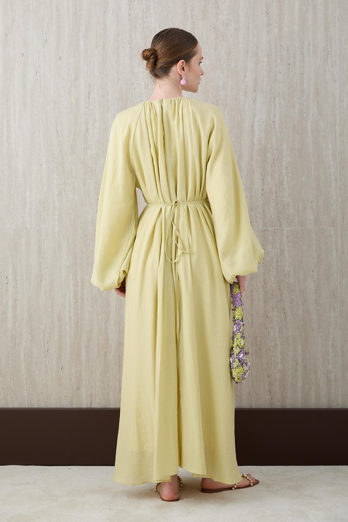 Balon Kol Modal Elbise - Sarı