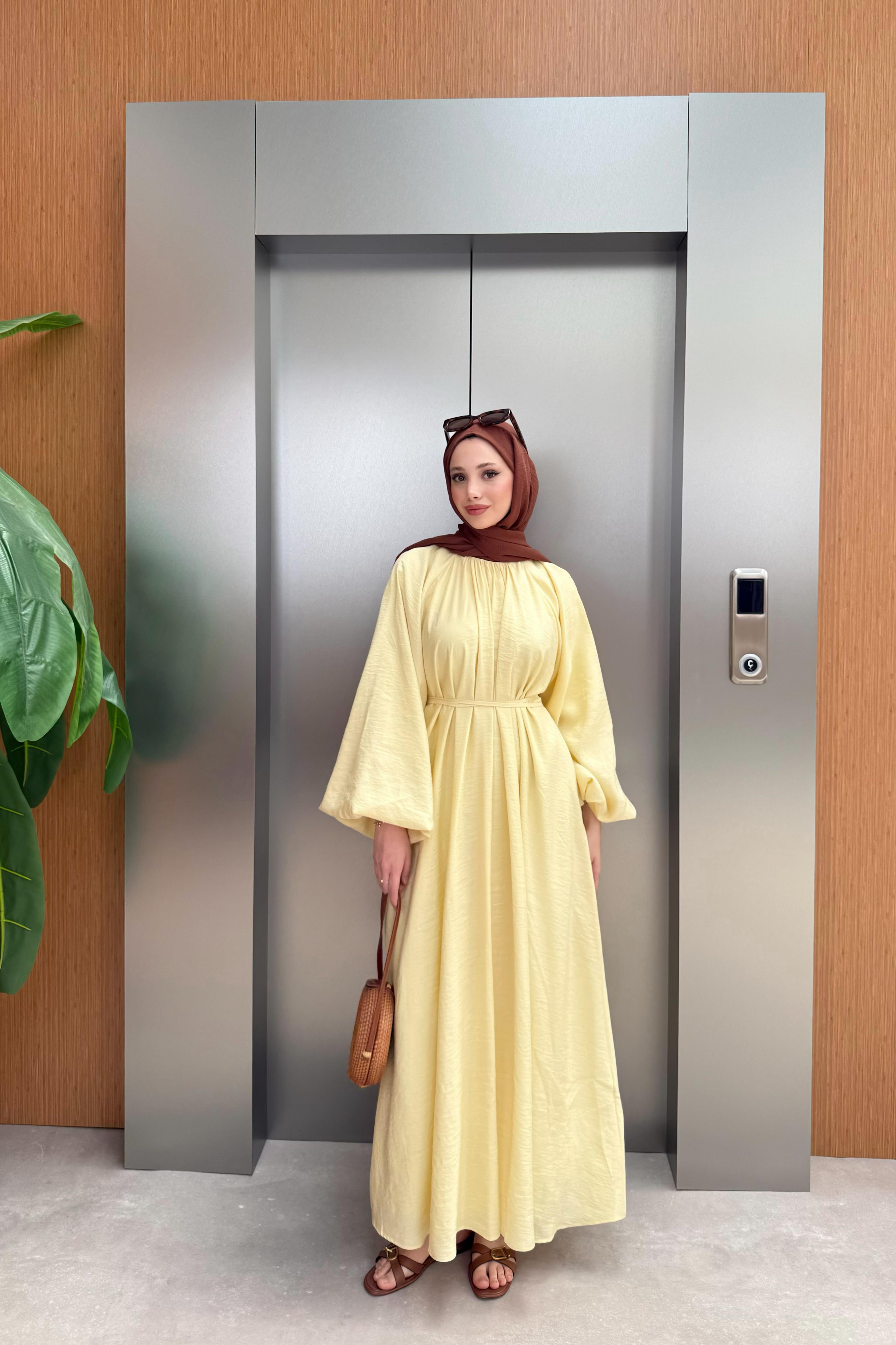 Balon Kol Modal Elbise - Sarı