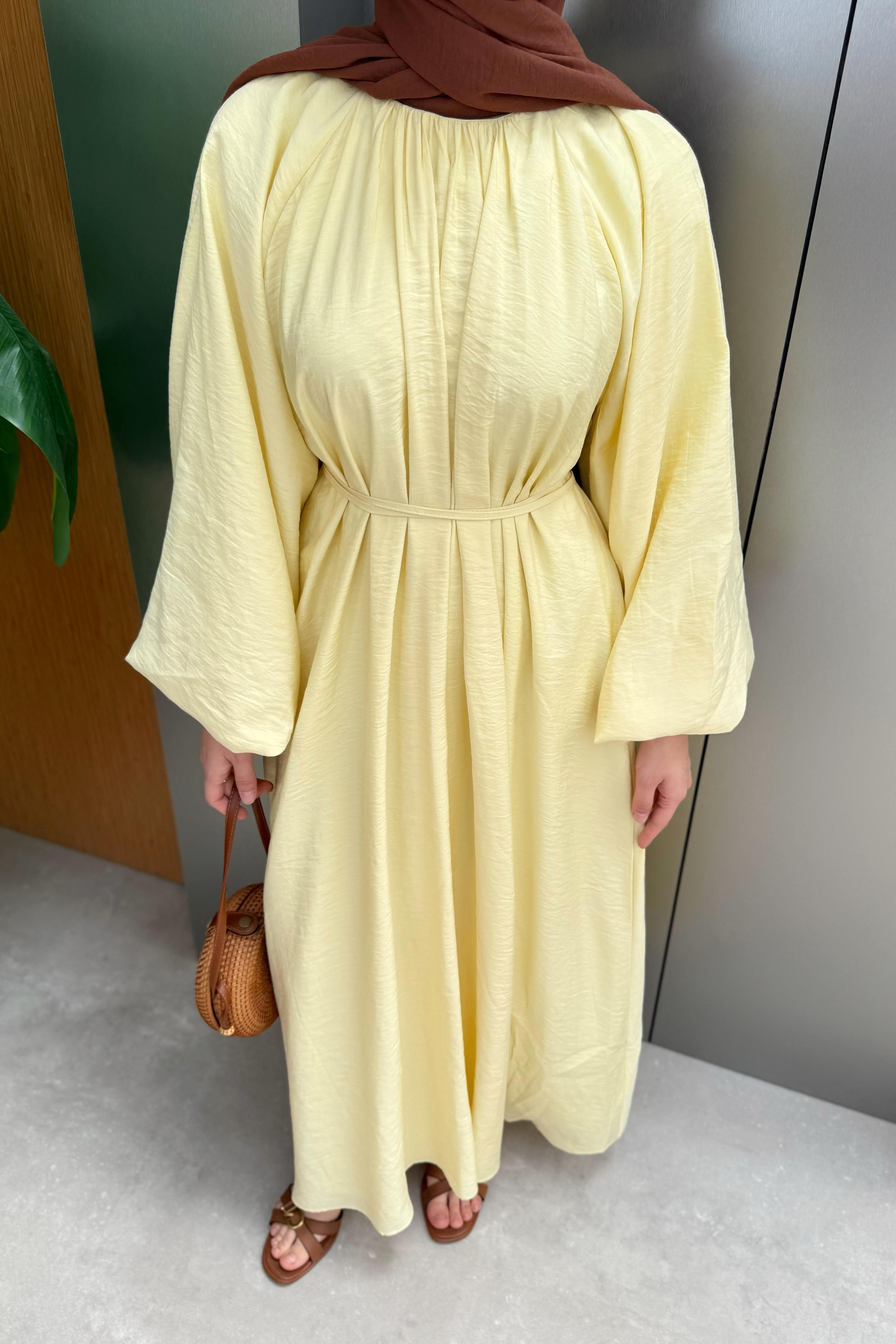 Balon Kol Modal Elbise - Sarı