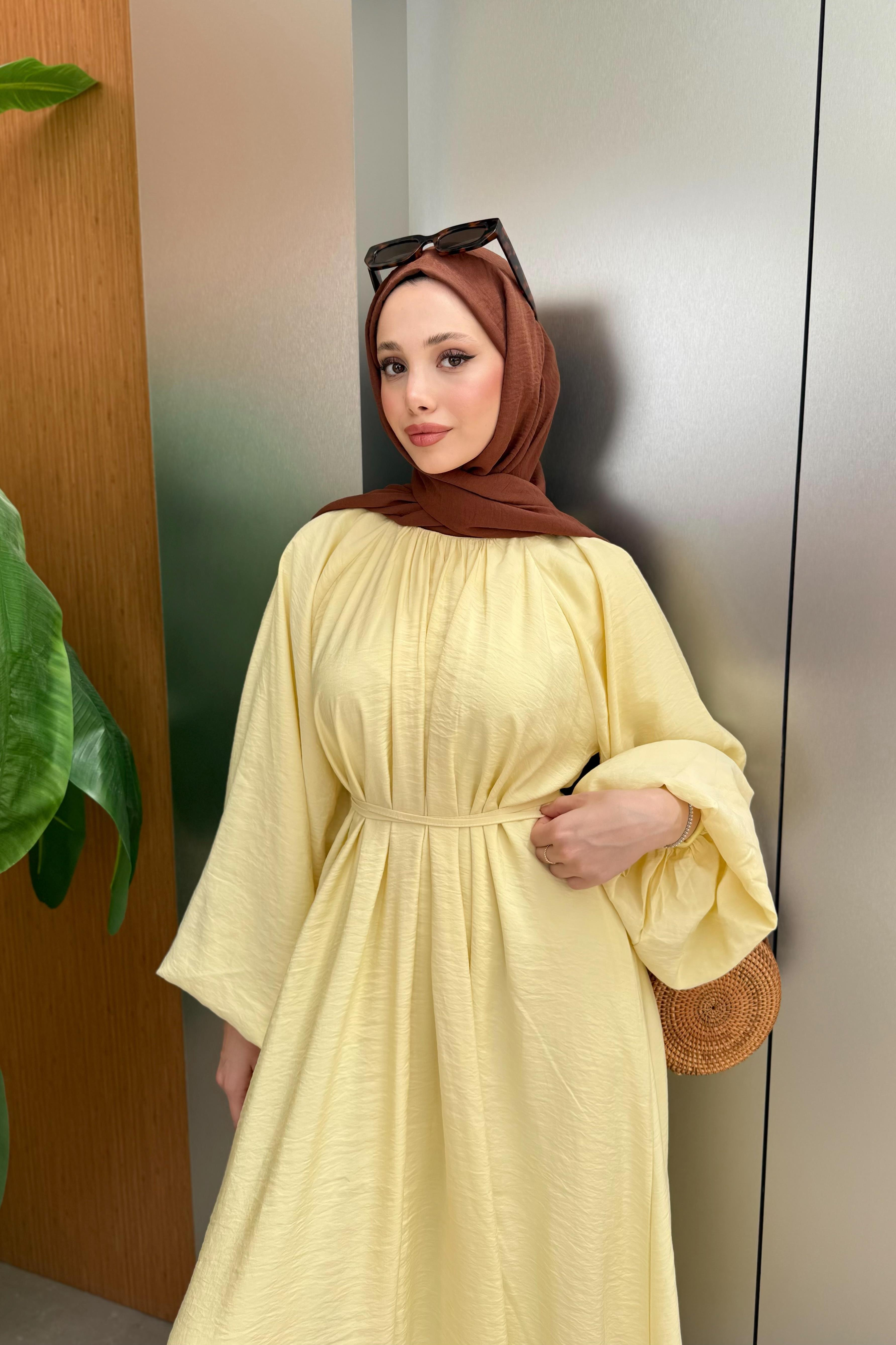 Balon Kol Modal Elbise - Sarı