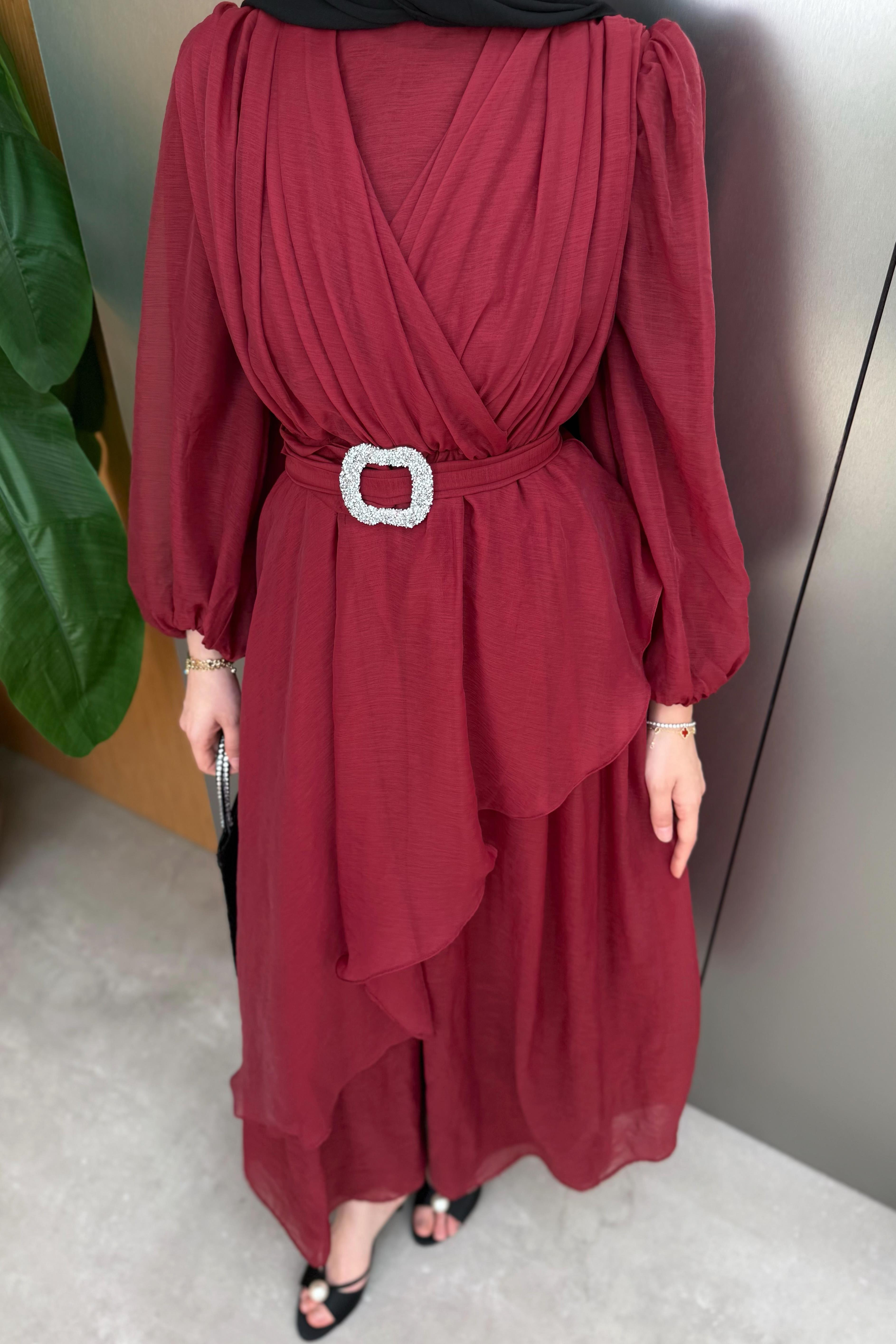 Balon Kol Şifon Elbise - Bordo