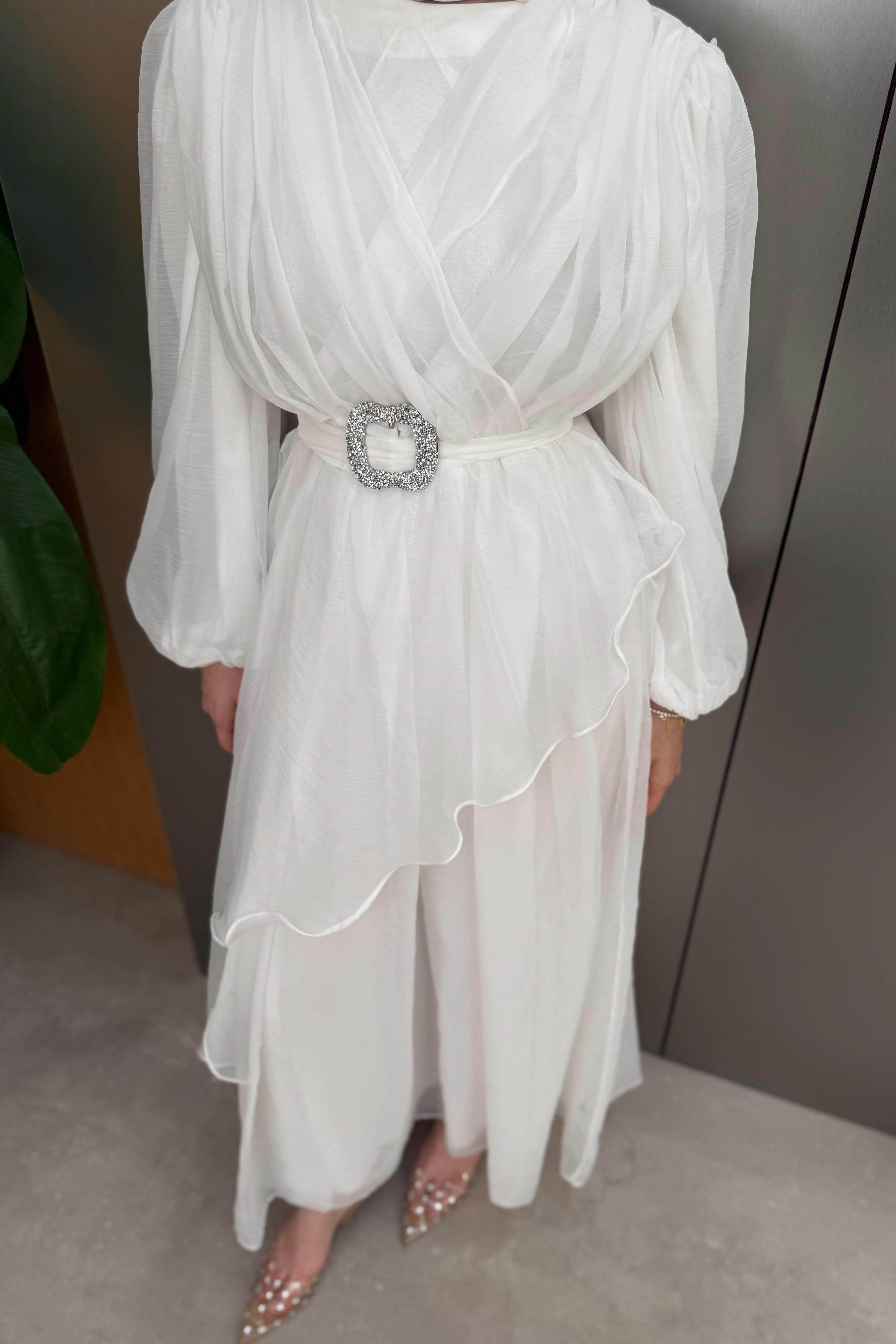 Balon Kol Şifon Elbise - Ekru