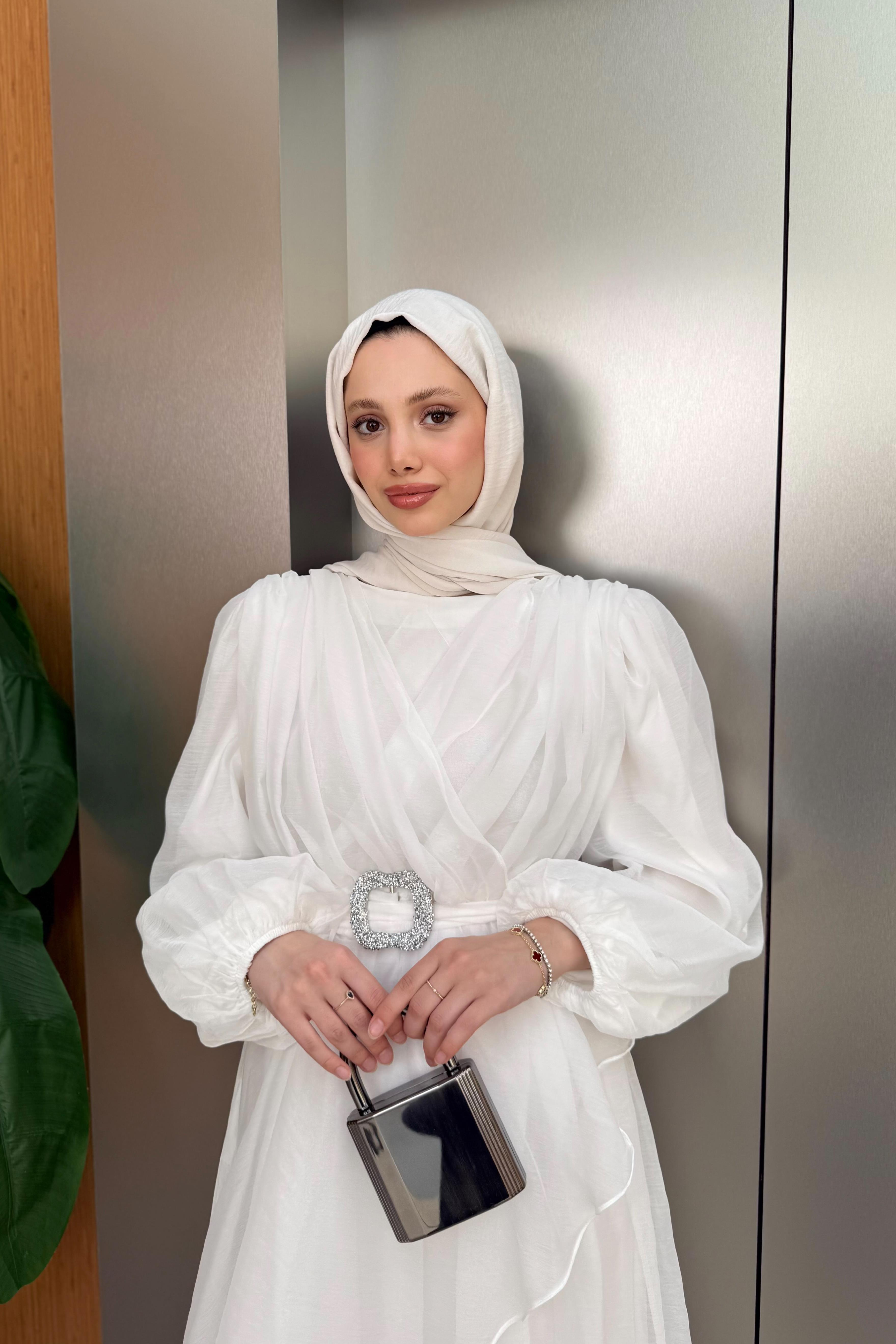 Balon Kol Şifon Elbise - Ekru