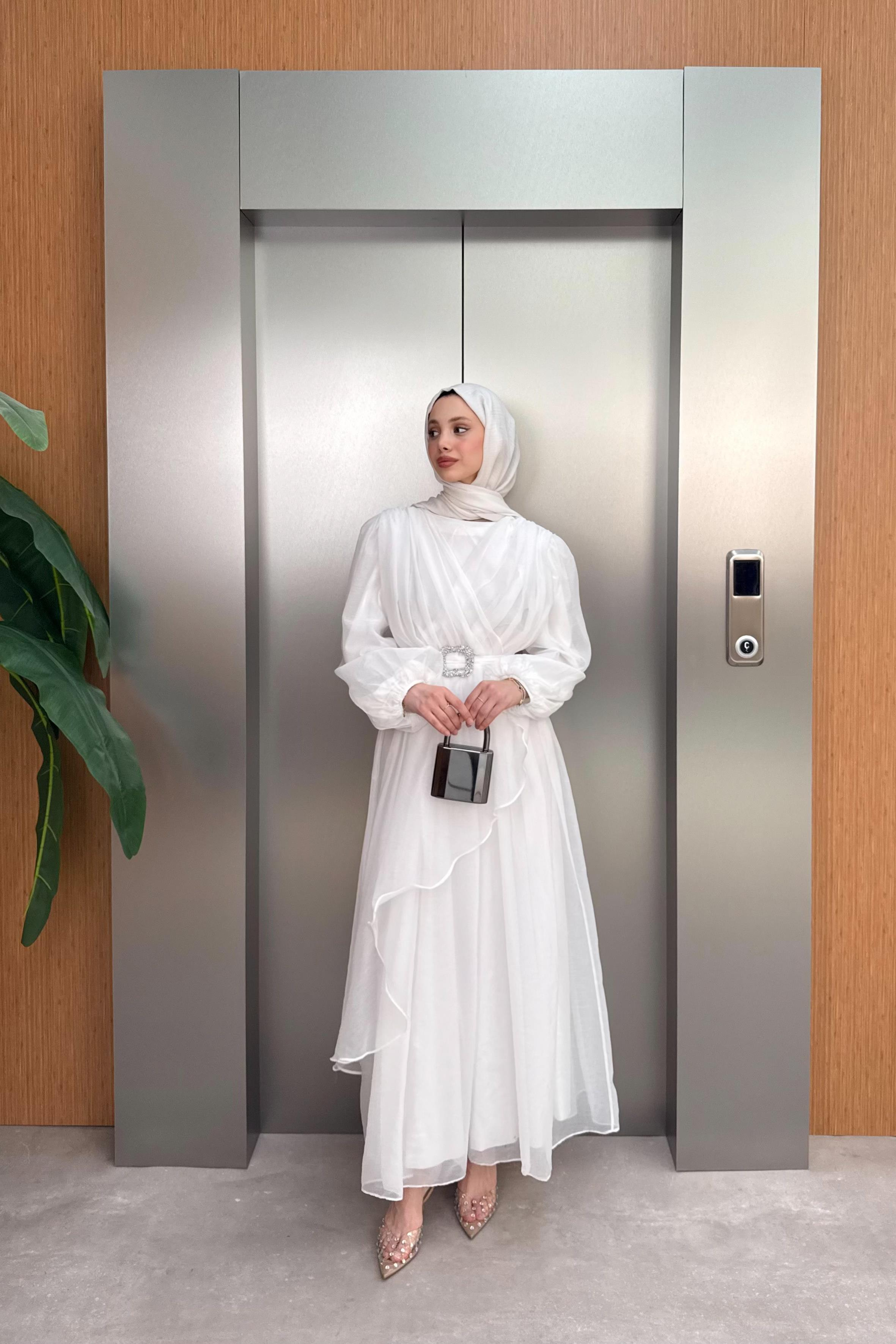 Balon Kol Şifon Elbise - Ekru