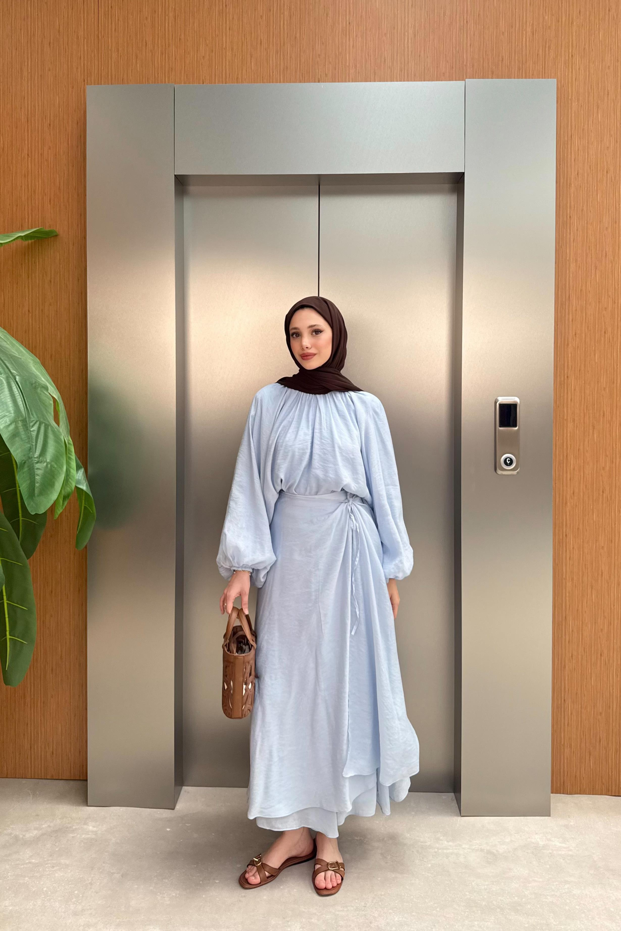 Balon Kol Şifon Etekli Takım - Mavi