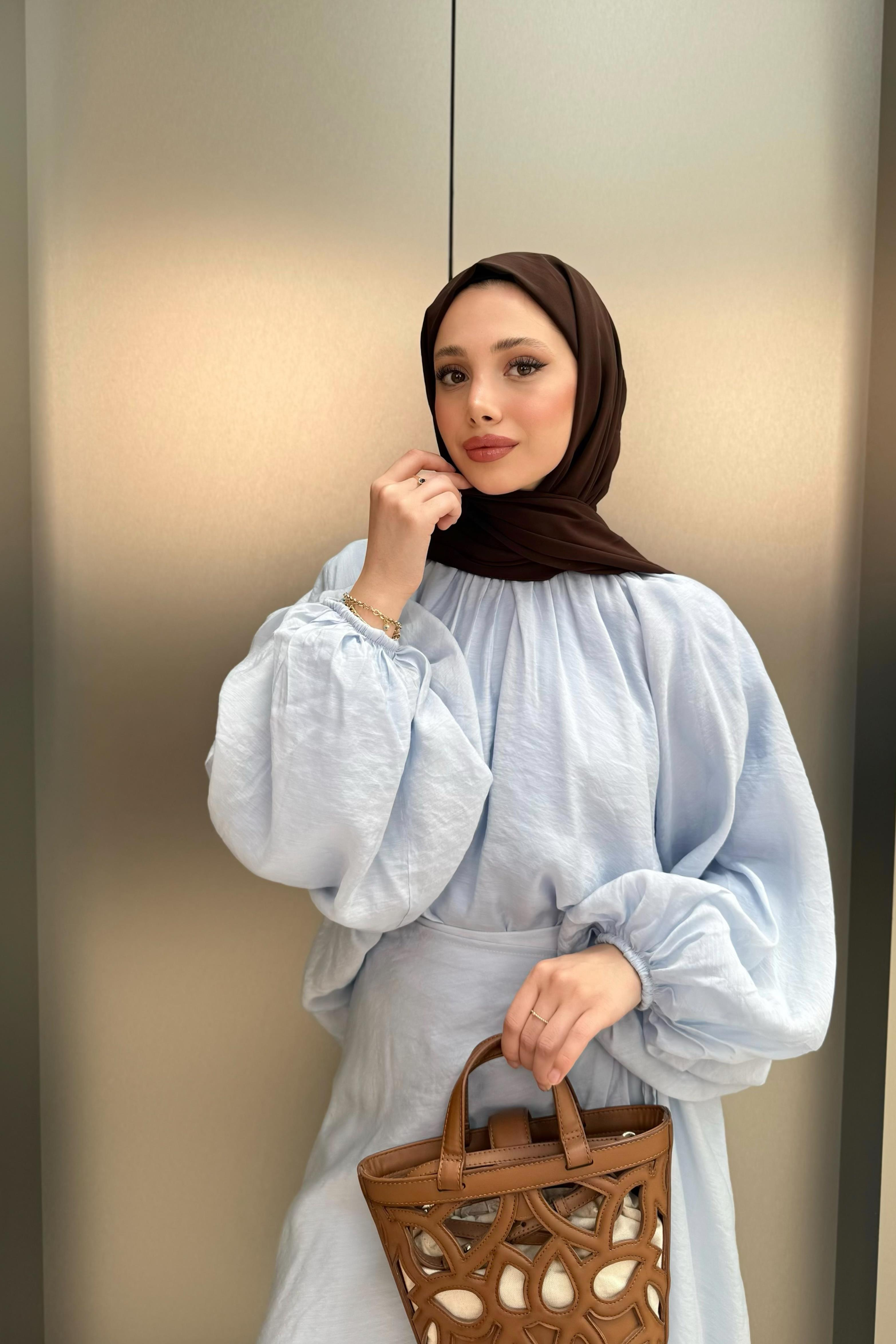 Balon Kol Şifon Etekli Takım - Mavi