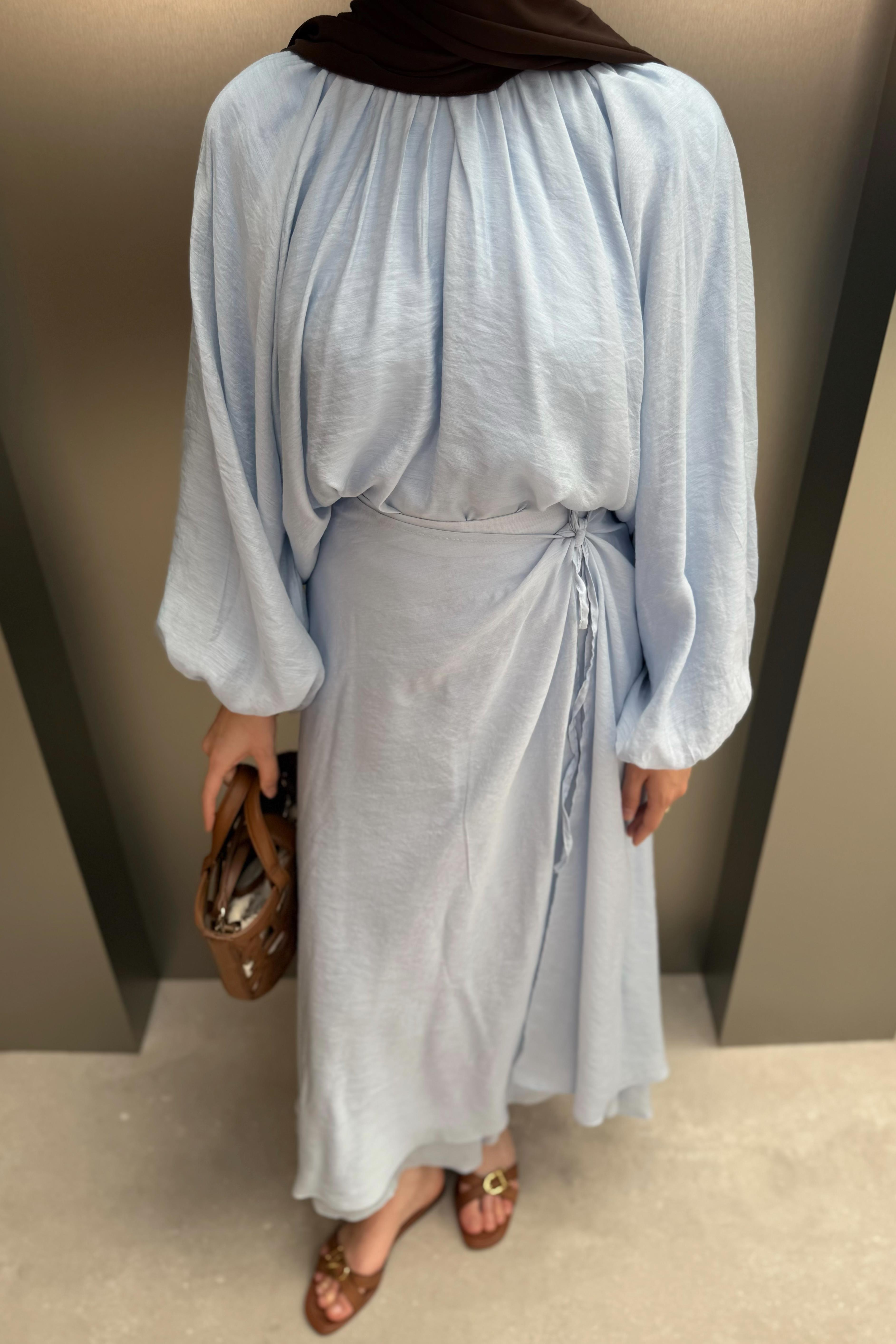 Balon Kol Şifon Etekli Takım - Mavi