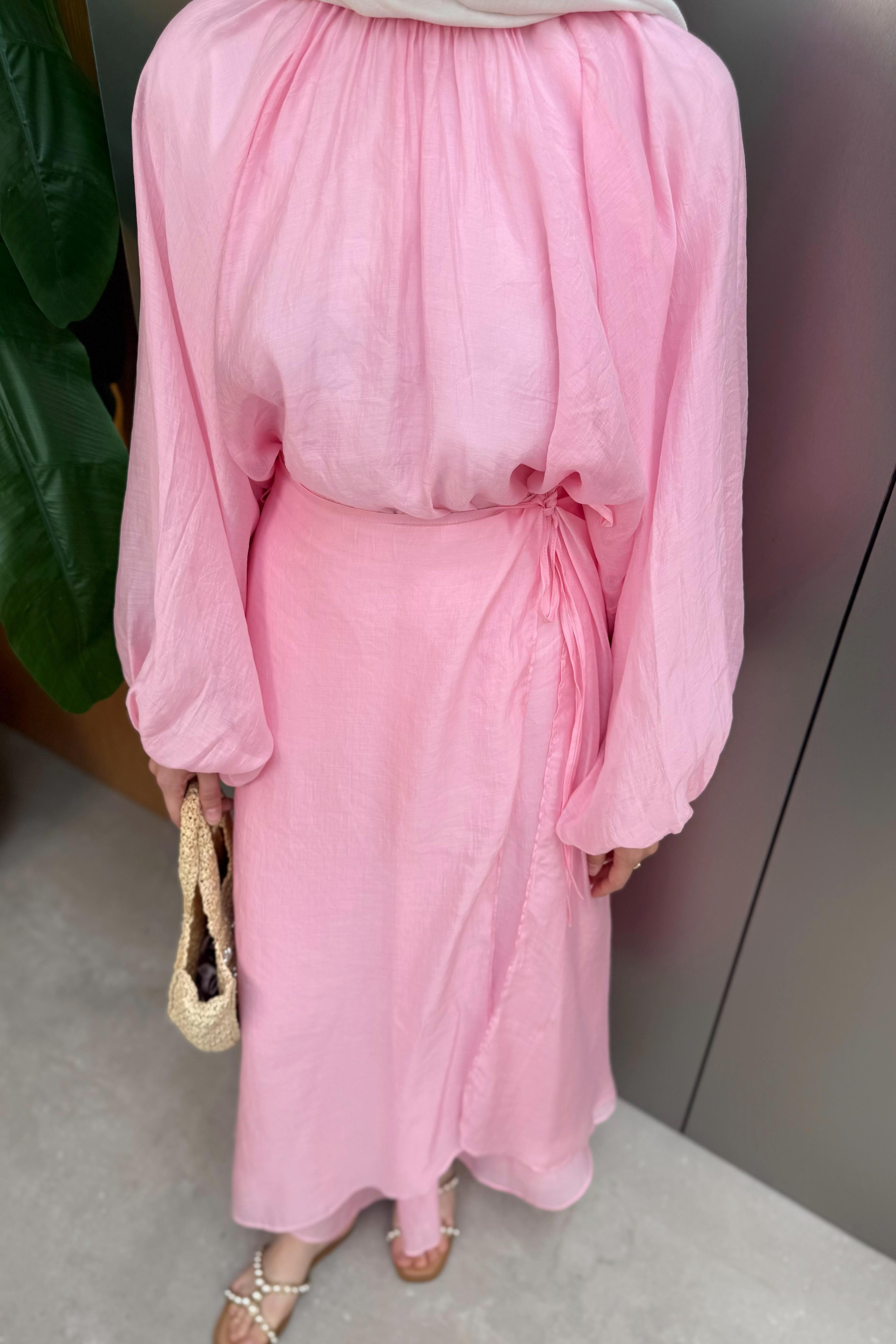 Balon Kol Şifon Etekli Takım - Pembe