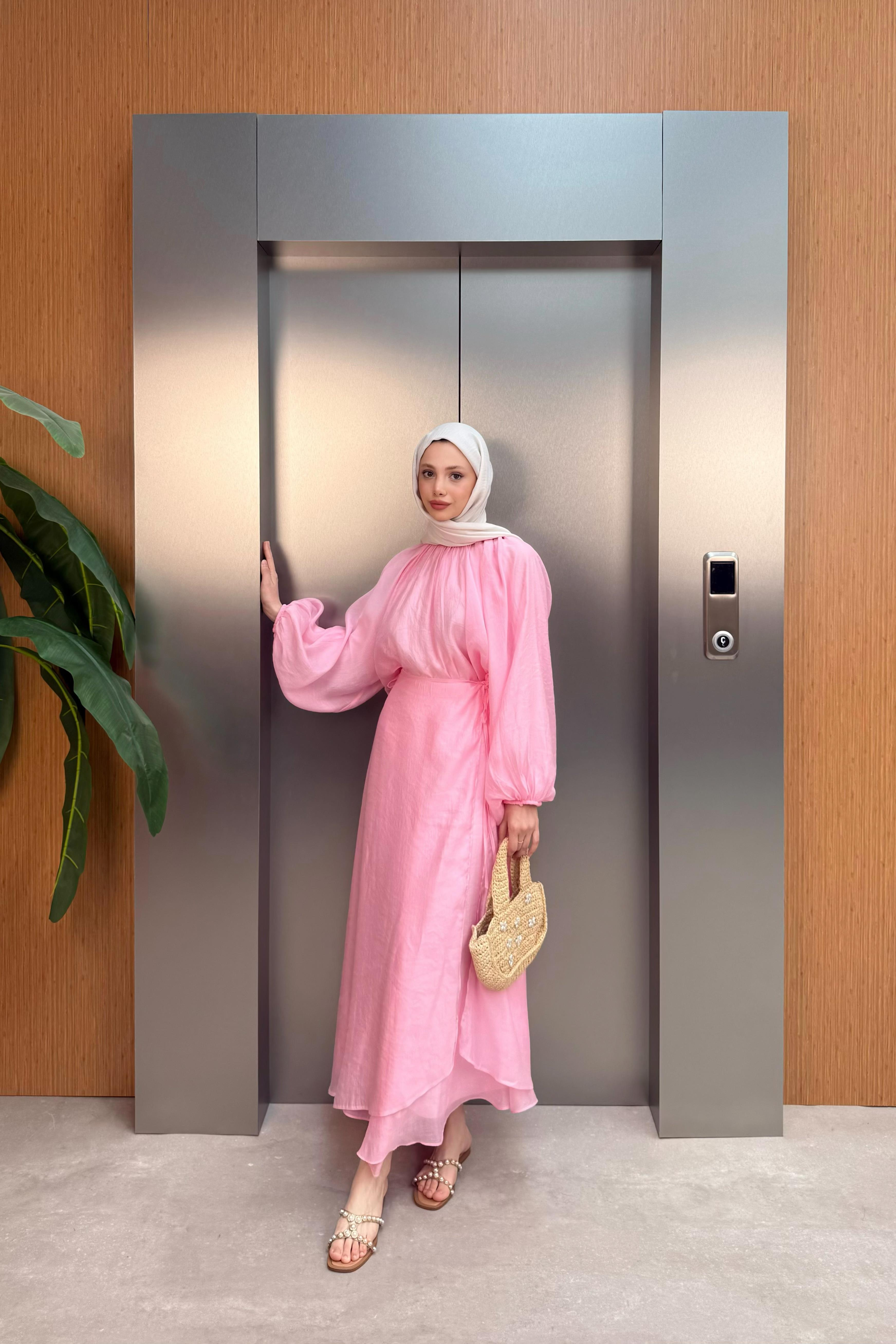 Balon Kol Şifon Etekli Takım - Pembe