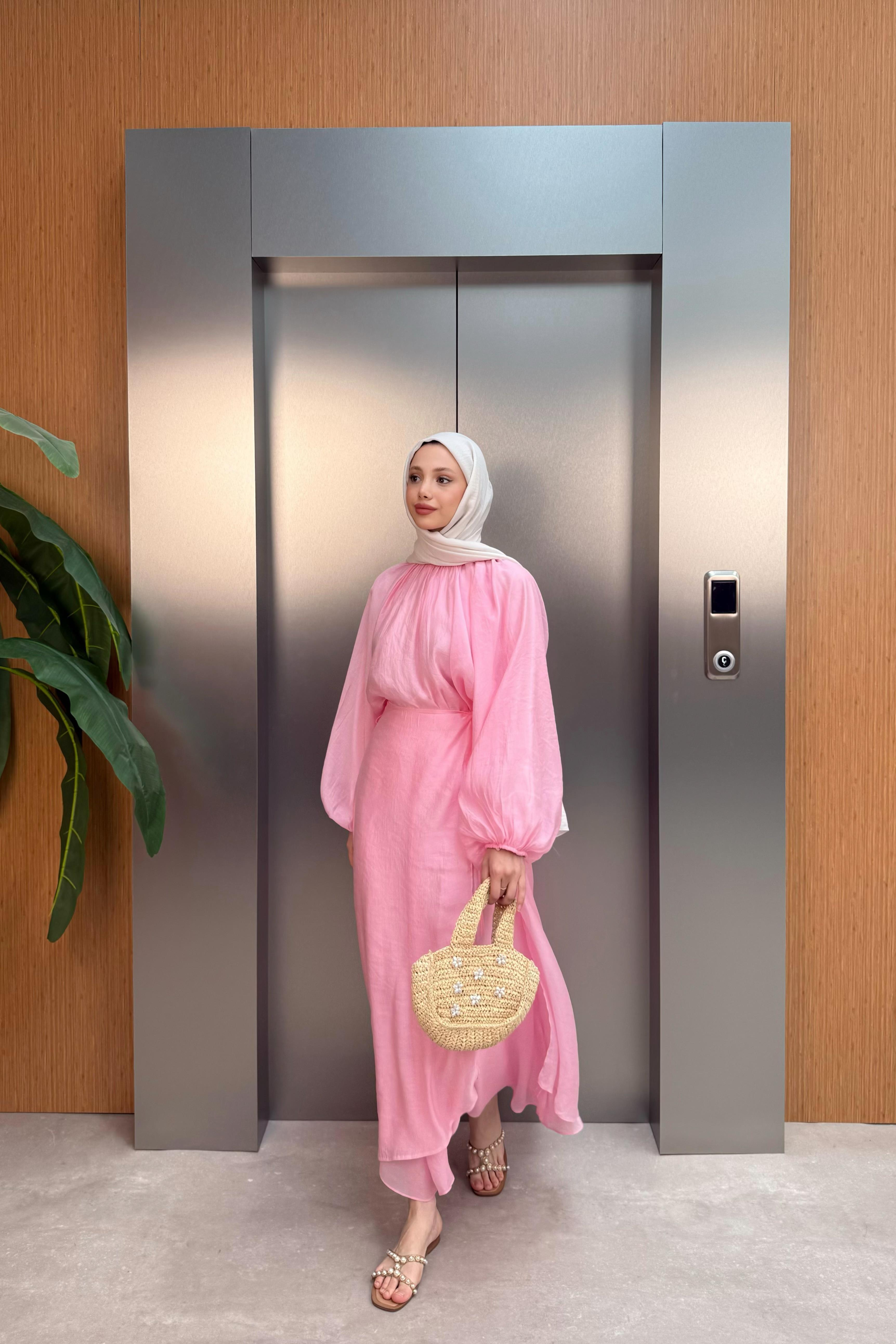 Balon Kol Şifon Etekli Takım - Pembe