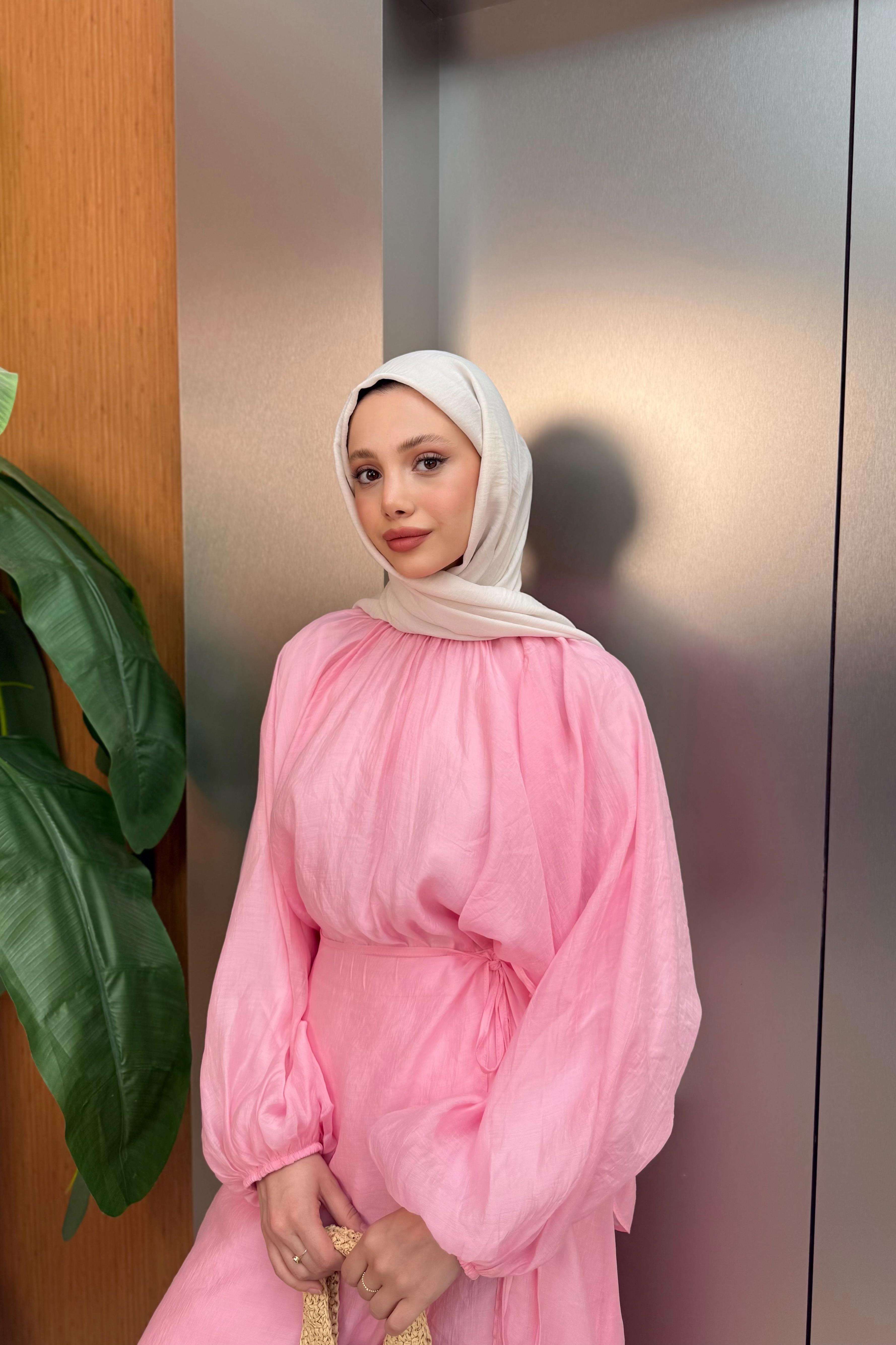 Balon Kol Şifon Etekli Takım - Pembe