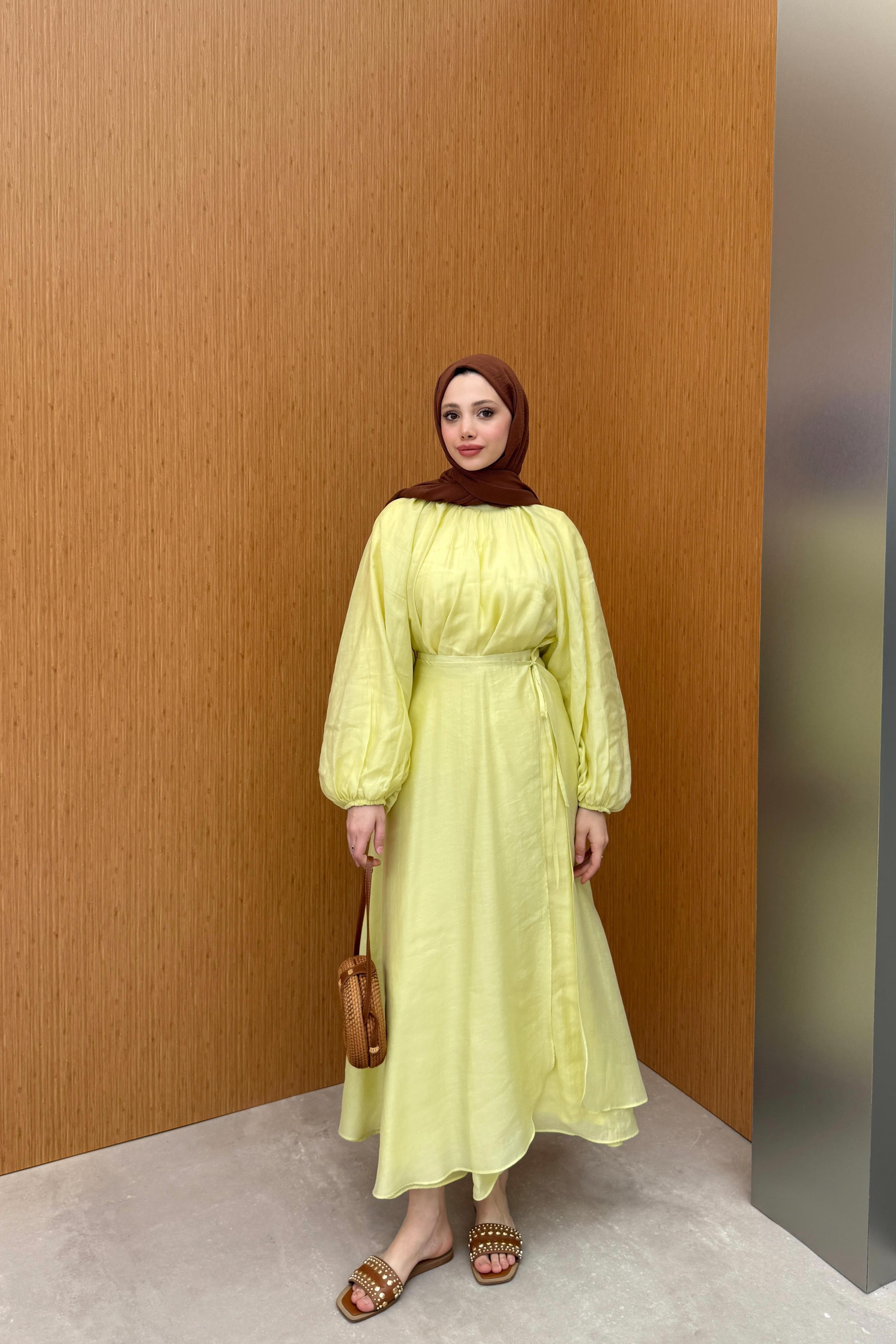 Balon Kol Şifon Etekli Takım - Sarı