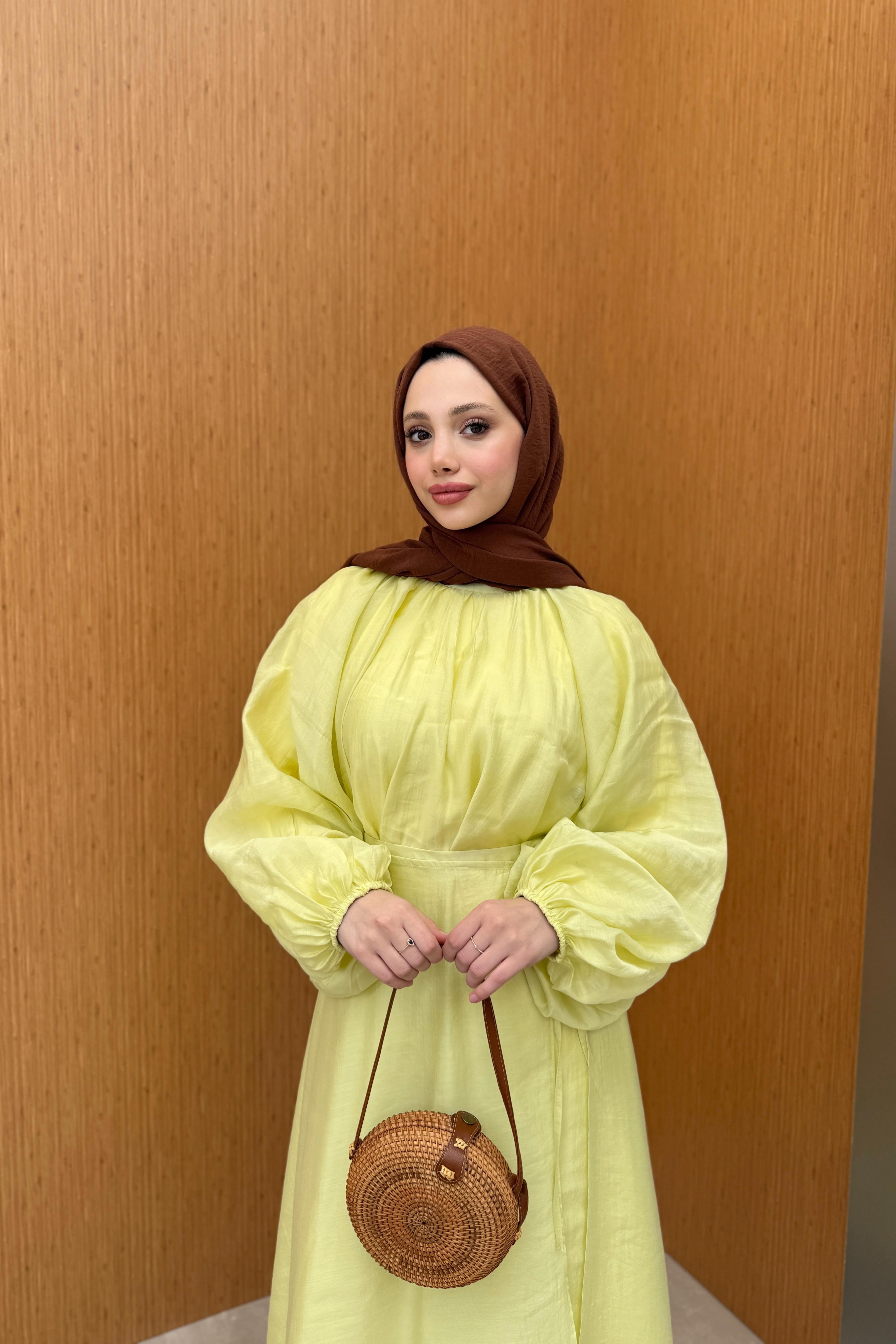 Balon Kol Şifon Etekli Takım - Sarı