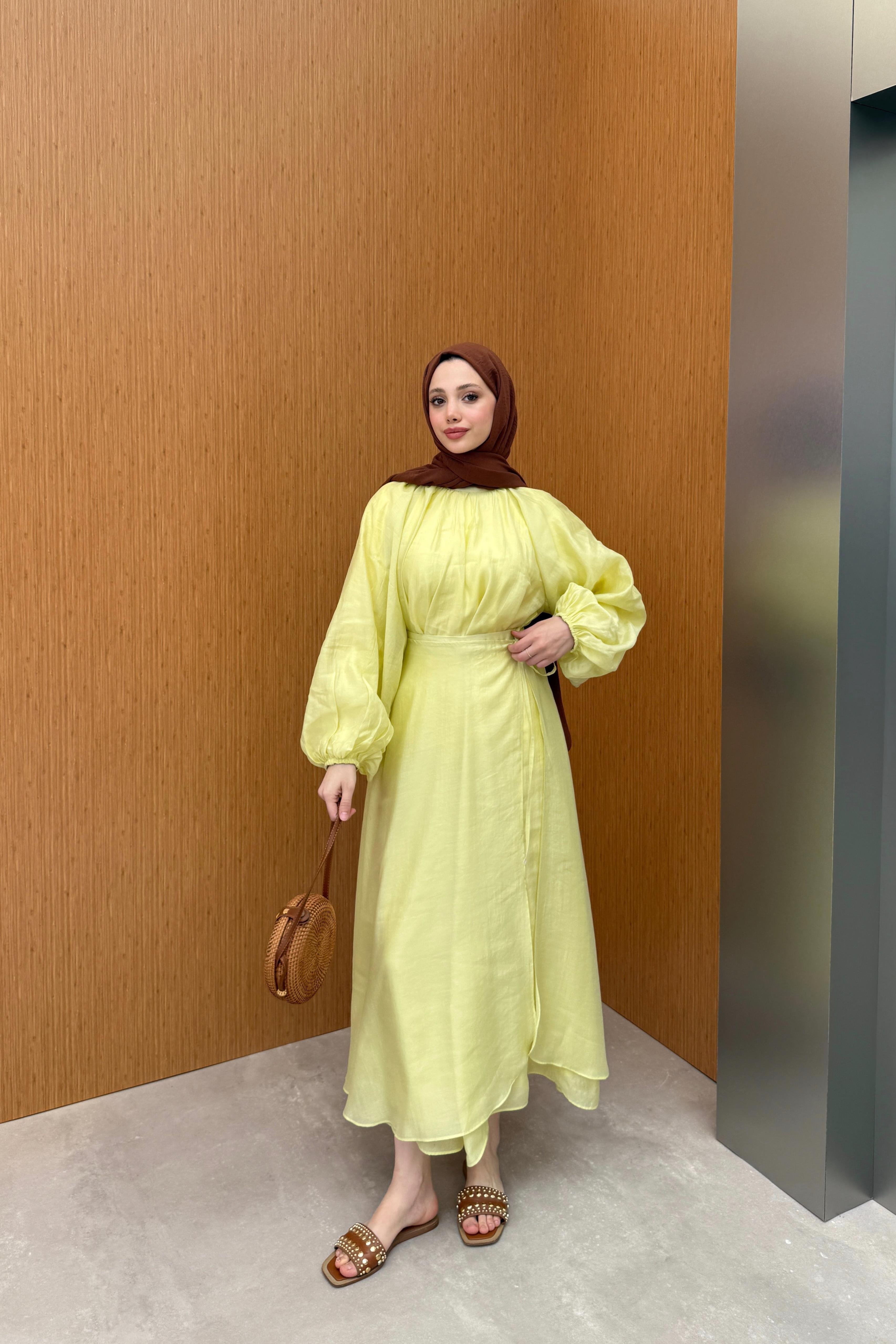 Balon Kol Şifon Etekli Takım - Sarı