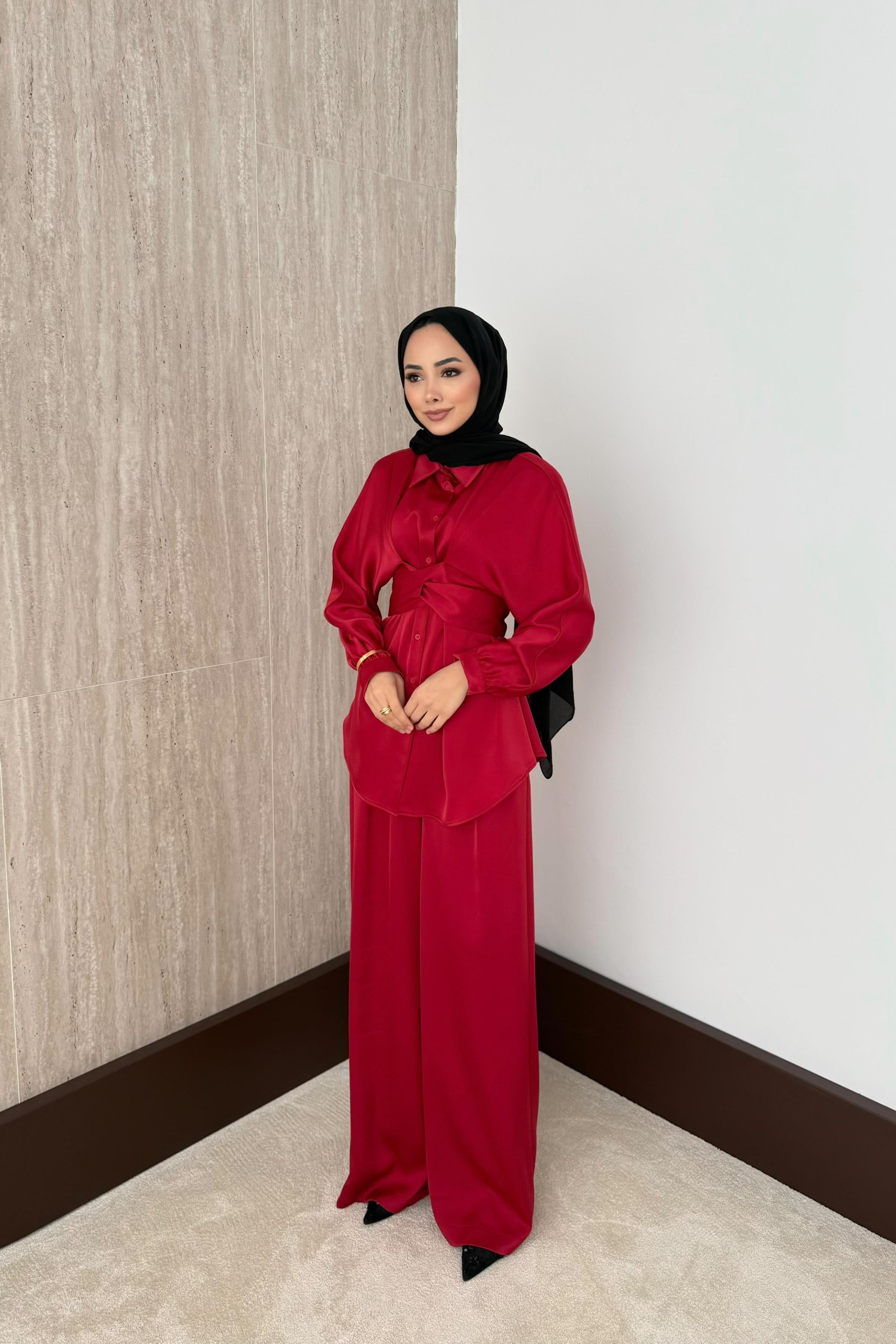 Belden Bağlamalı Saten - Bordo