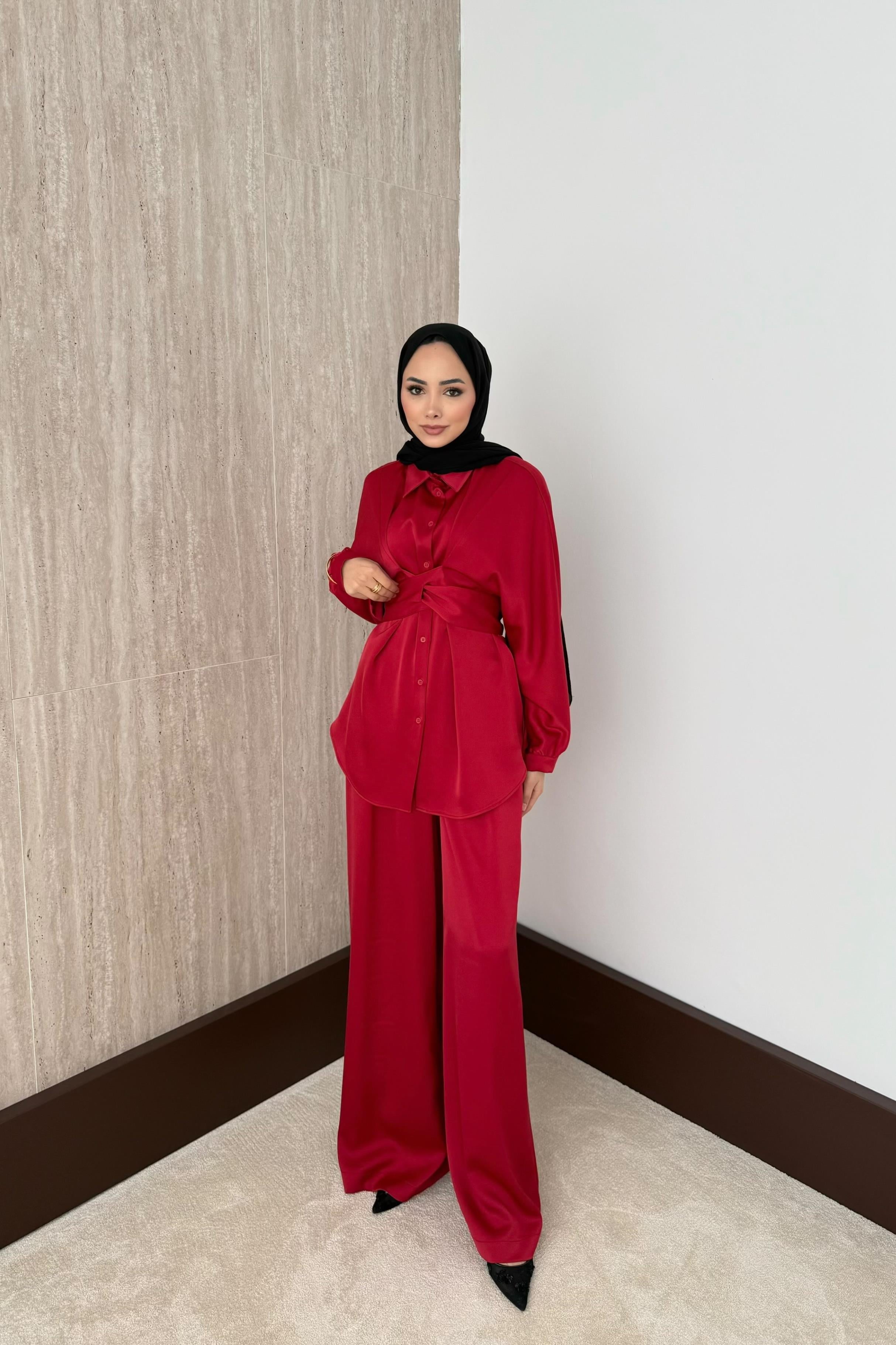 Belden Bağlamalı Saten - Bordo