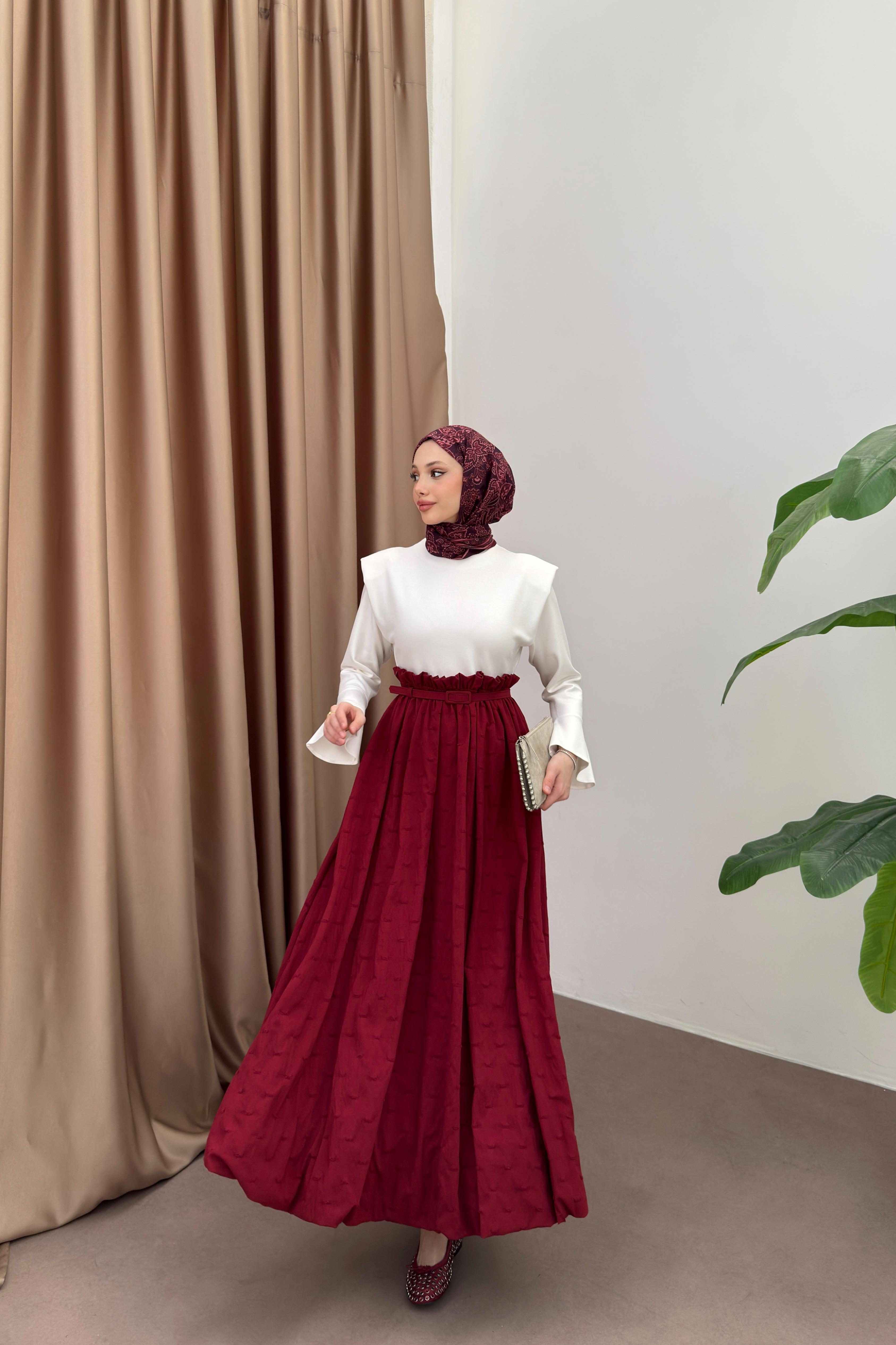 Belden Fırfırlı Balon Elbise - Bordo
