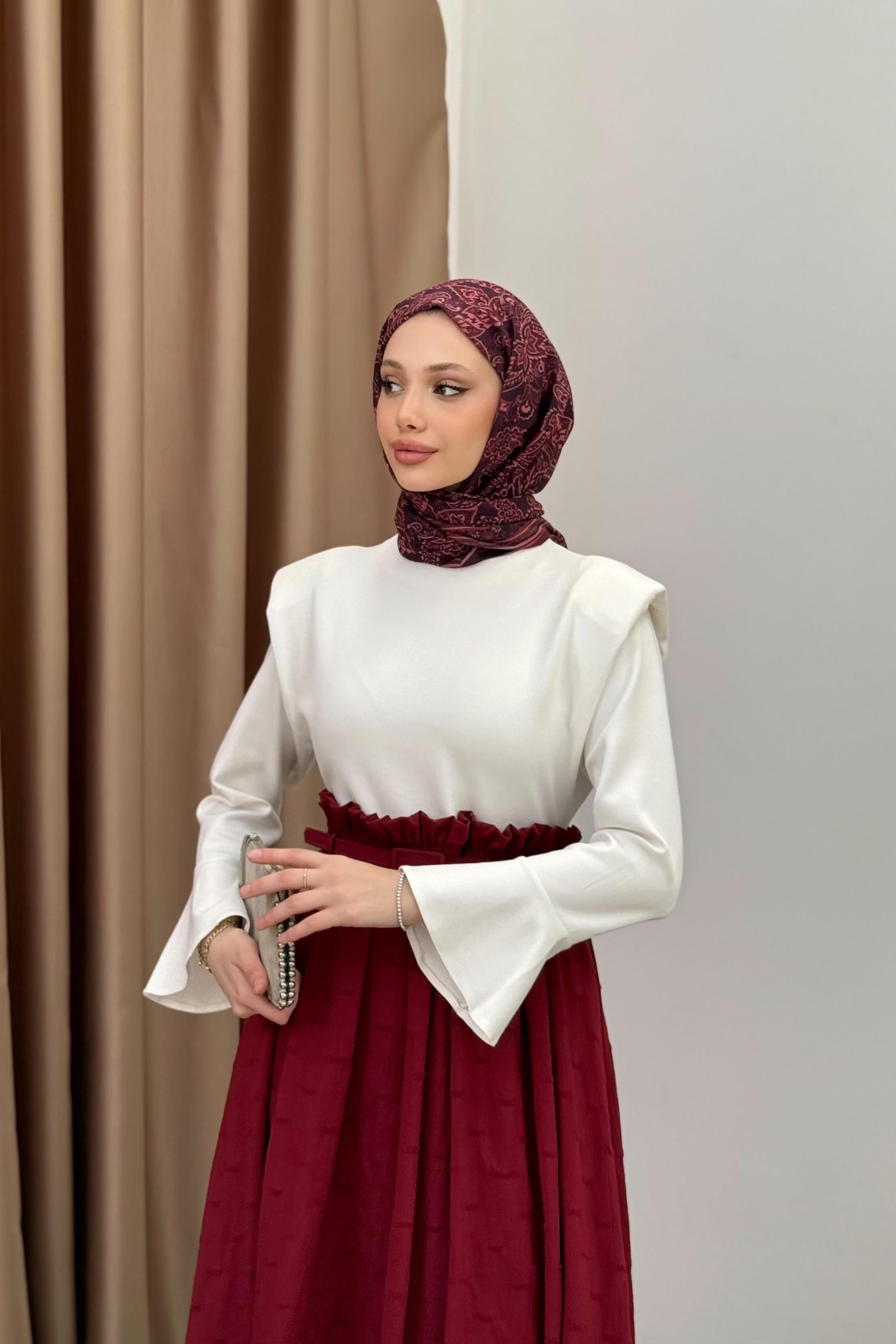 Belden Fırfırlı Balon Elbise - Bordo