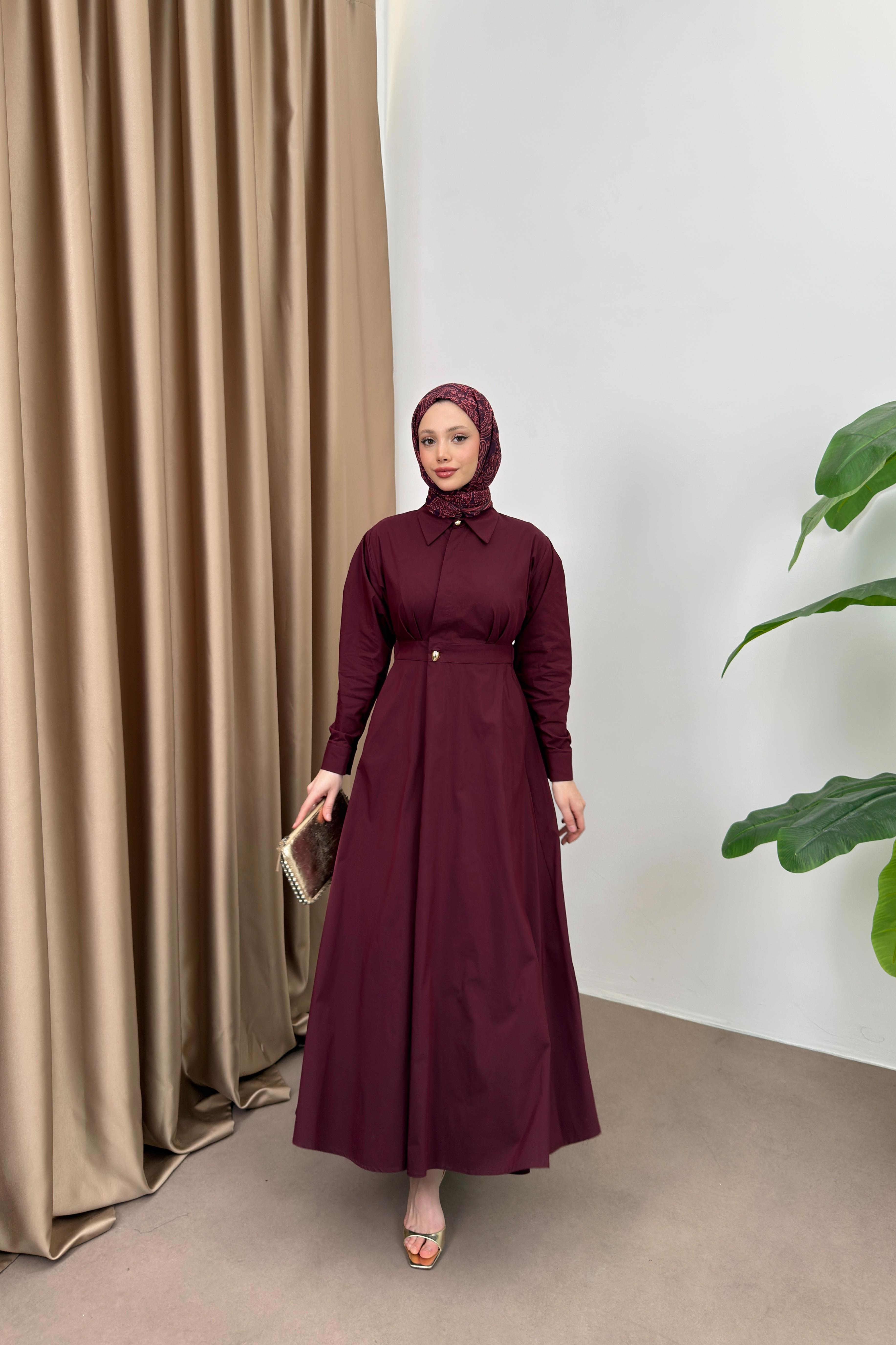 Belden oturtmalı Elbise - Mürdüm