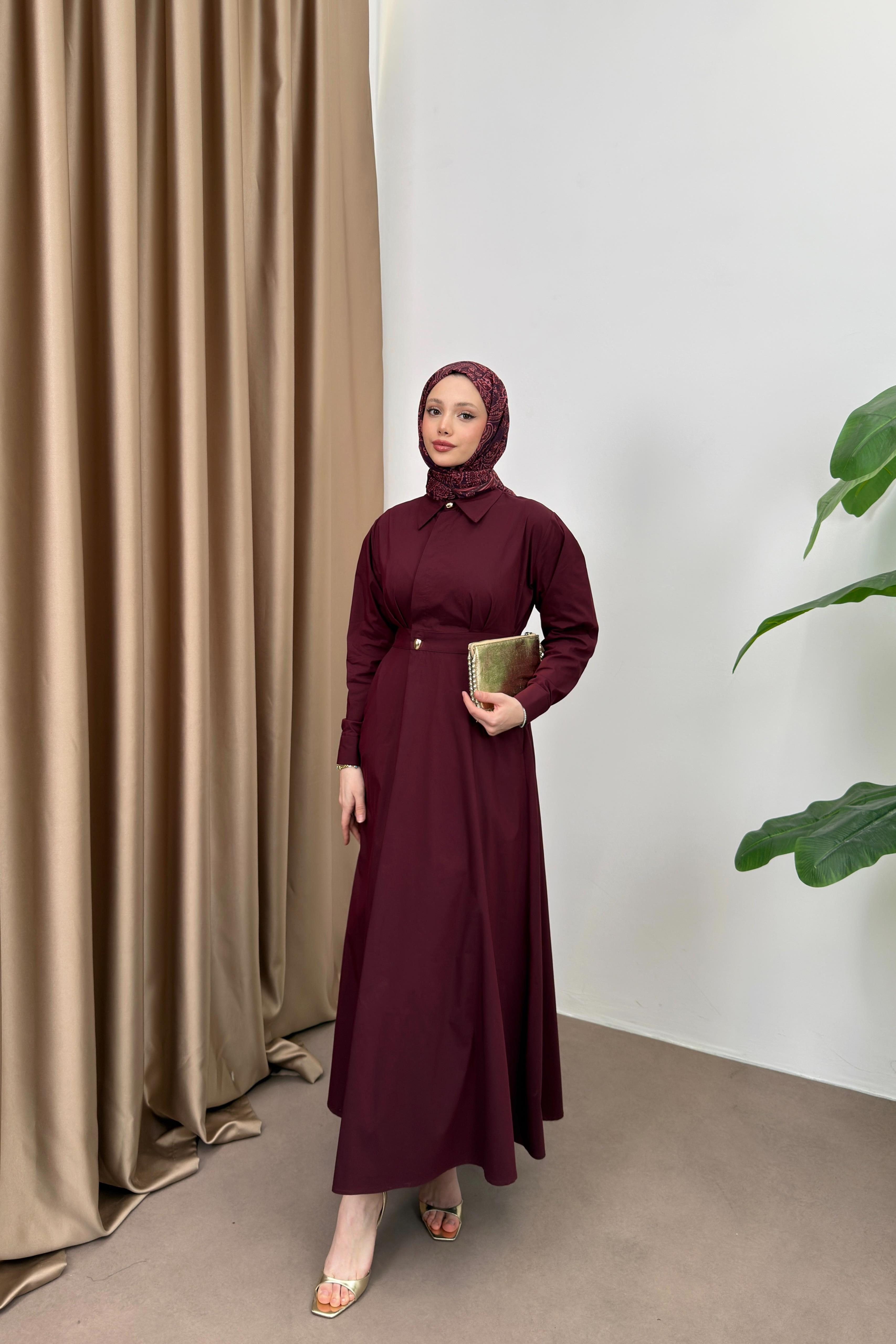 Belden oturtmalı Elbise - Mürdüm