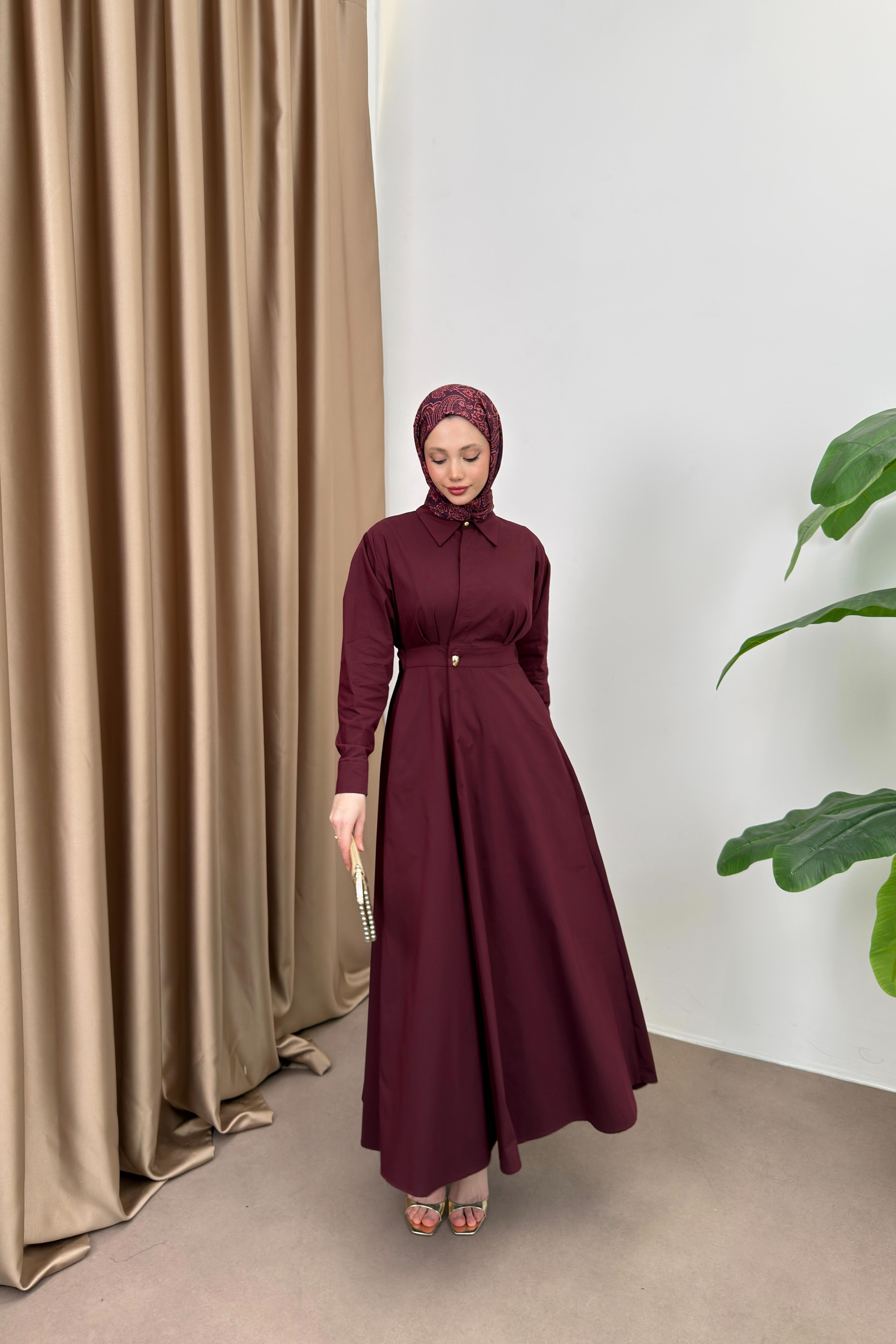 Belden oturtmalı Elbise - Mürdüm