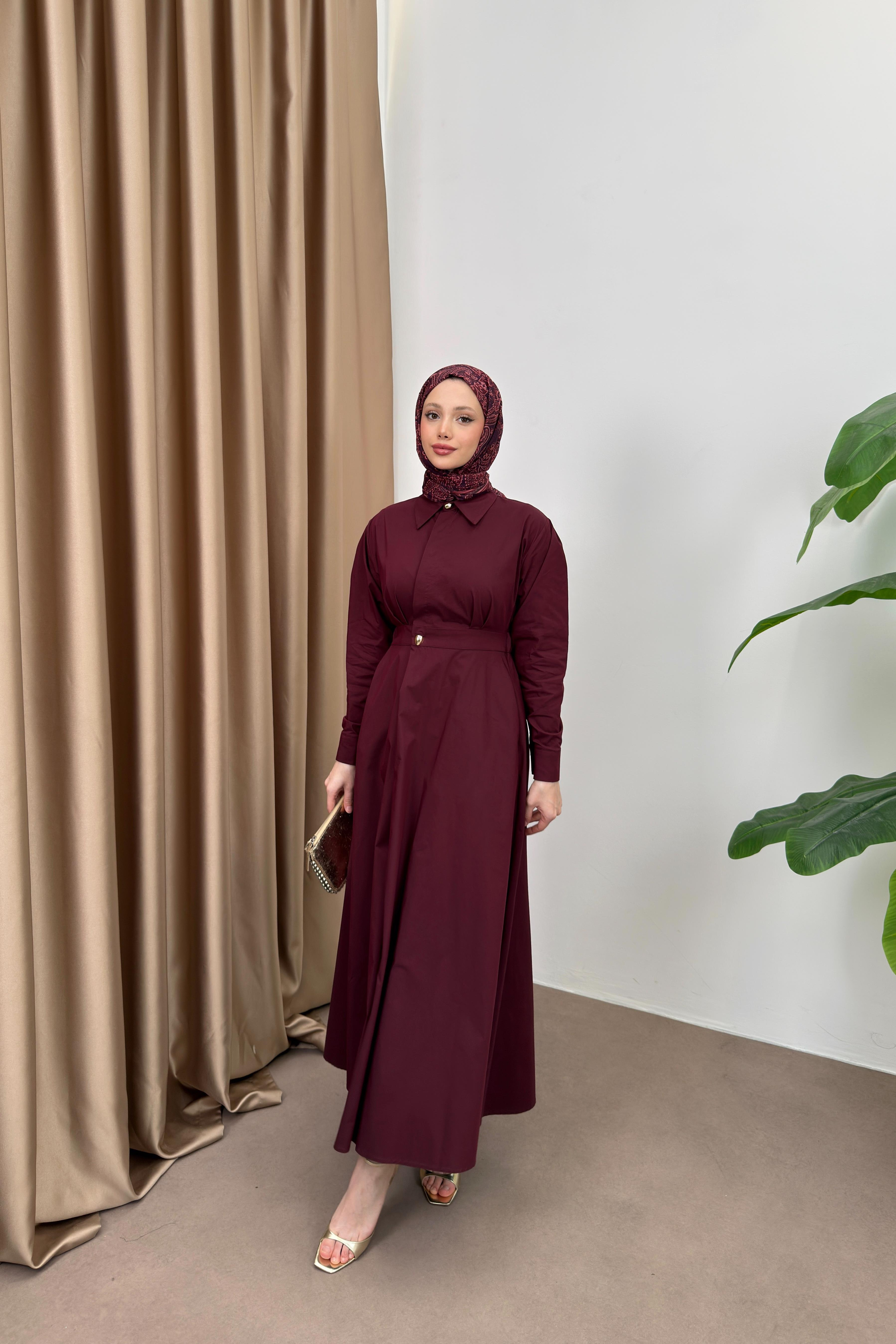 Belden oturtmalı Elbise - Mürdüm