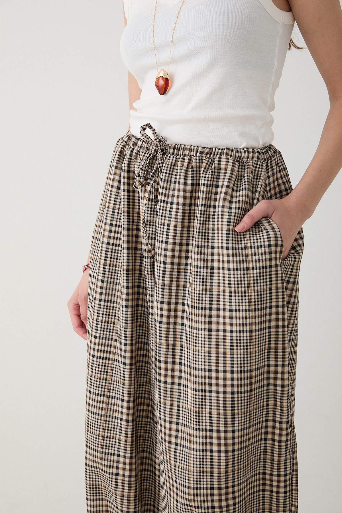 Beli Lastikli Ekose Pantolon - Kahve