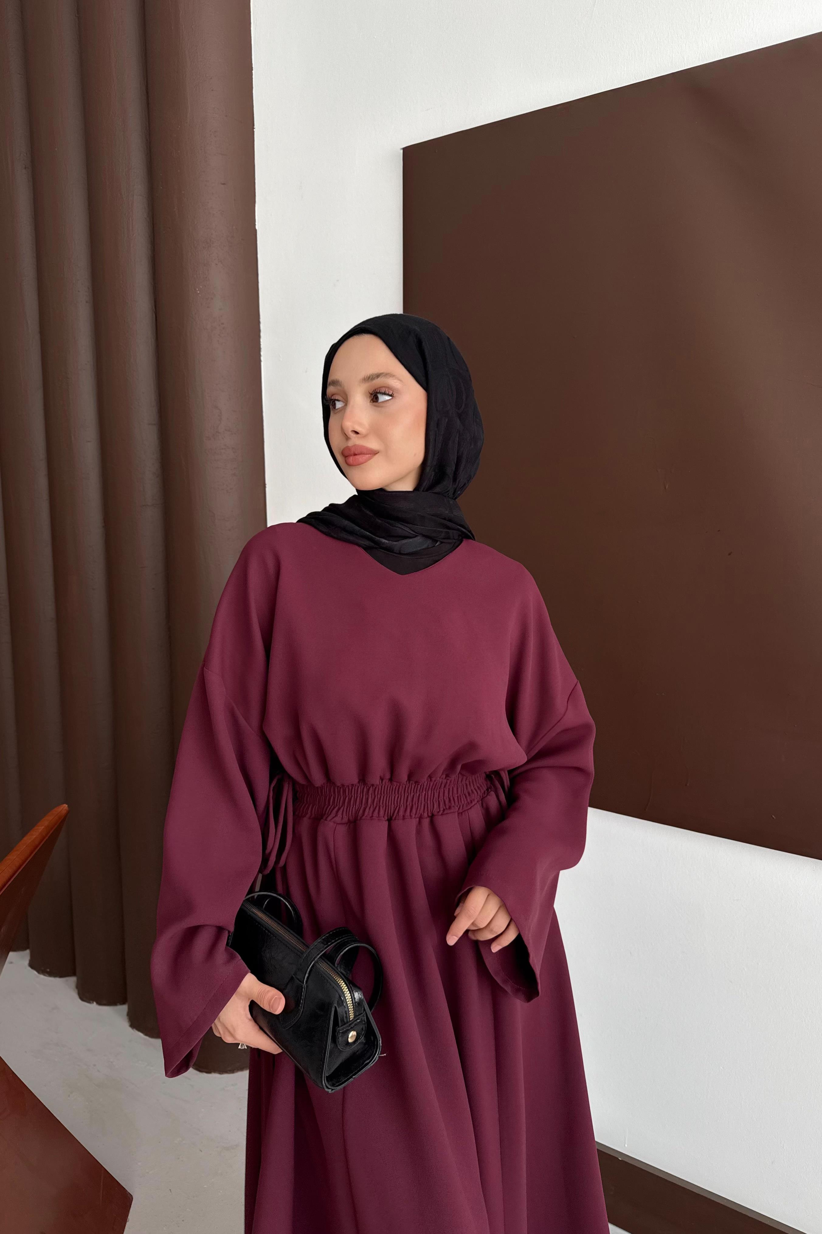 Beli Lastikli Elbise - Bordo