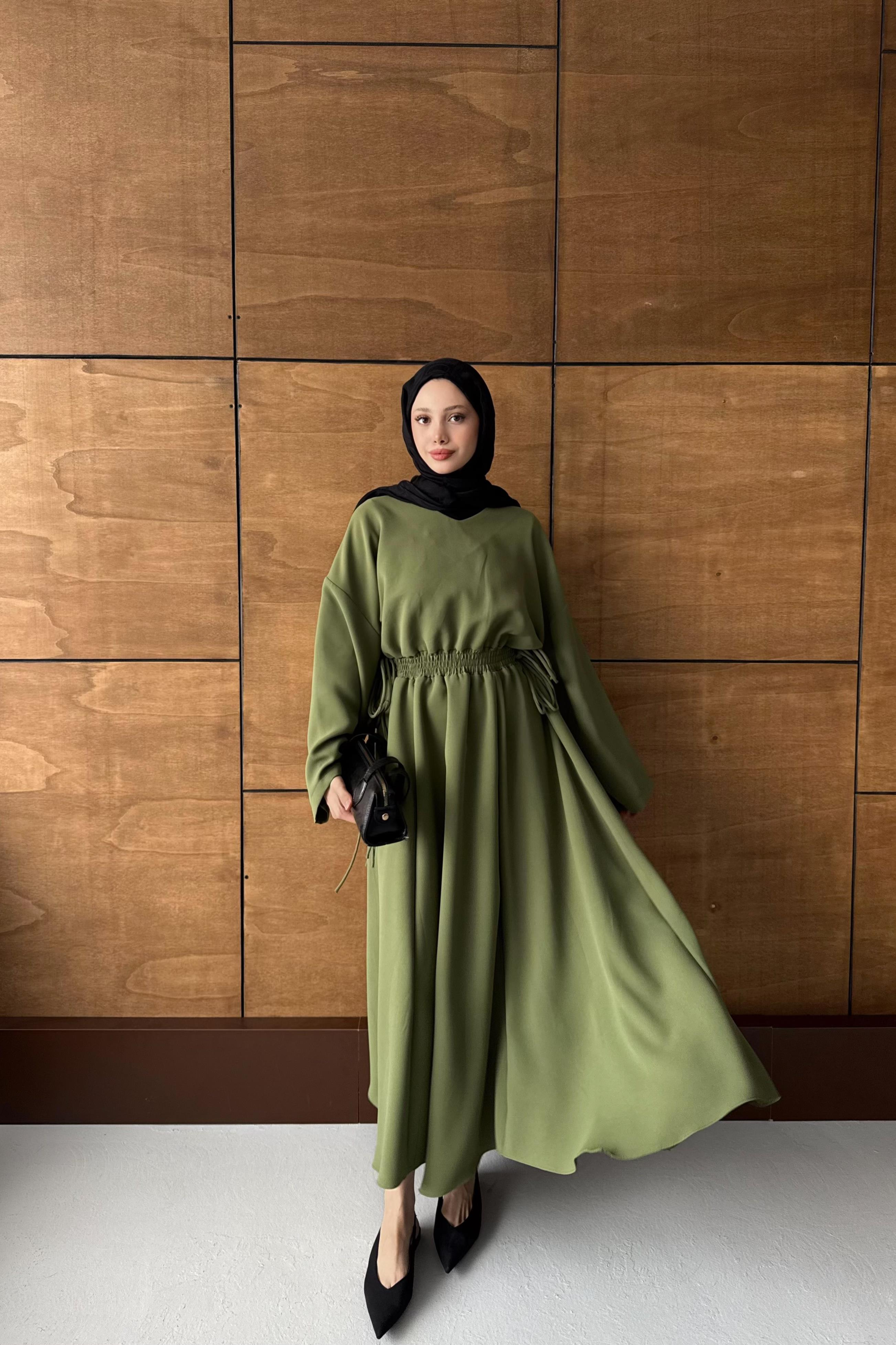 Beli Lastikli Elbise - Yağ Yeşili