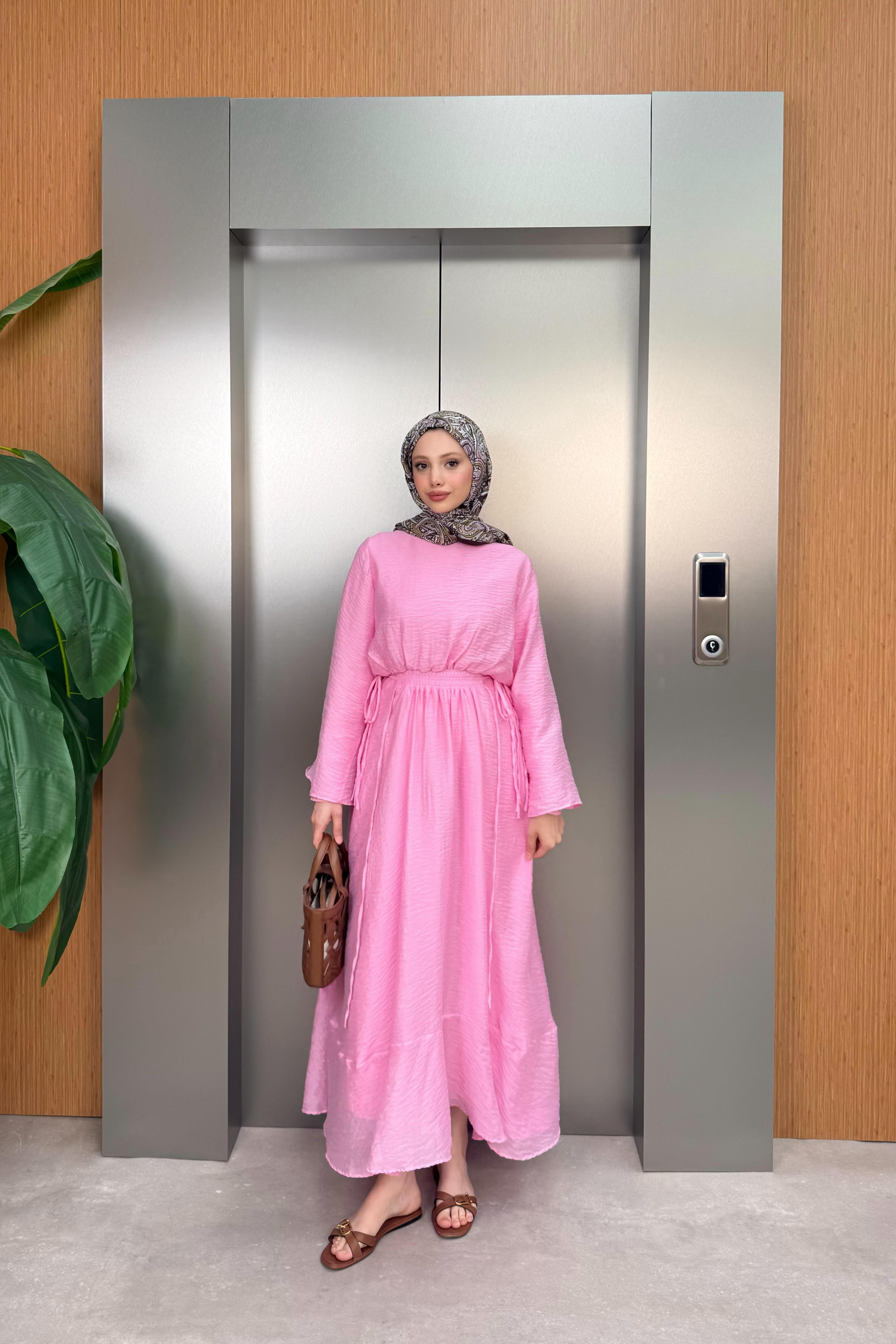 Beli Lastikli Modal Elbise - Pembe