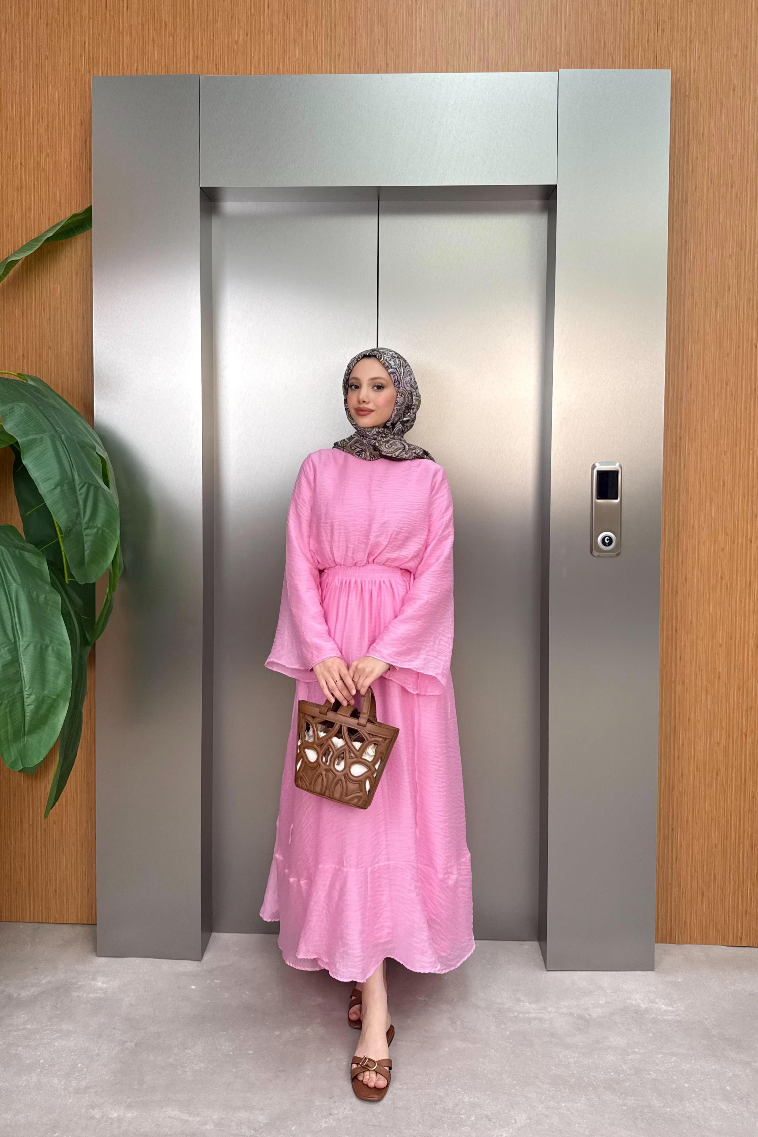 Beli Lastikli Modal Elbise - Pembe