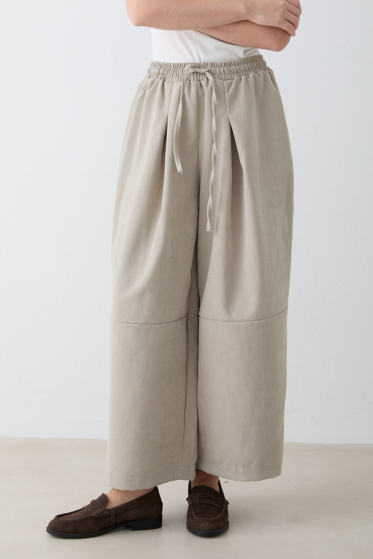 Beli Lastikli Süet Pantolon - Bej
