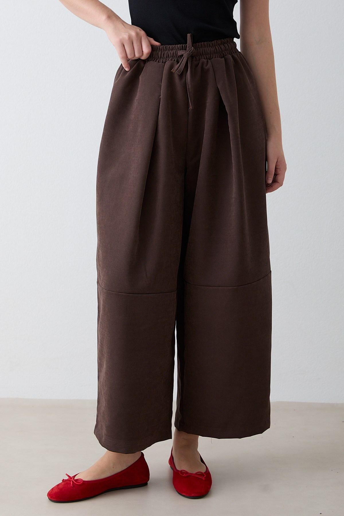 Beli Lastikli Süet Pantolon - Kahve