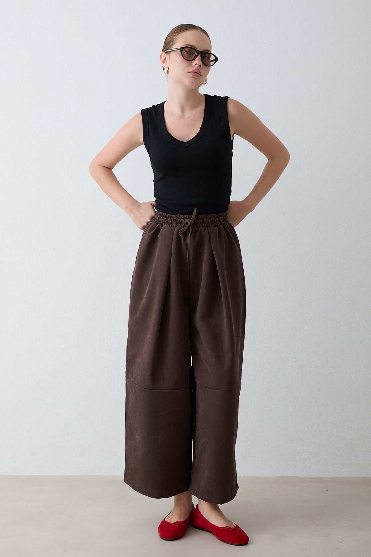 Beli Lastikli Süet Pantolon - Kahve